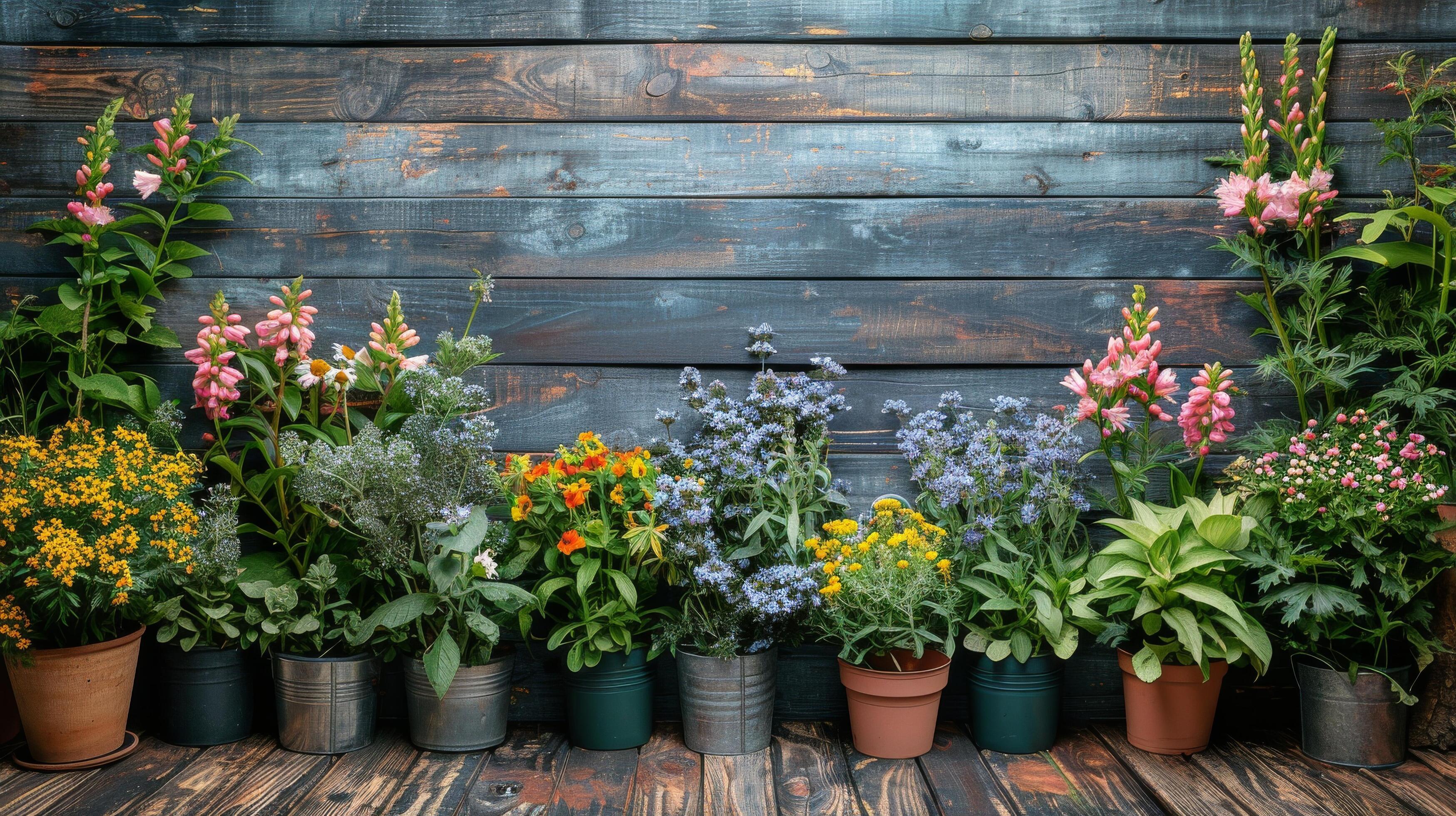 Group of Potted Plants on Wooden Table Stock Free