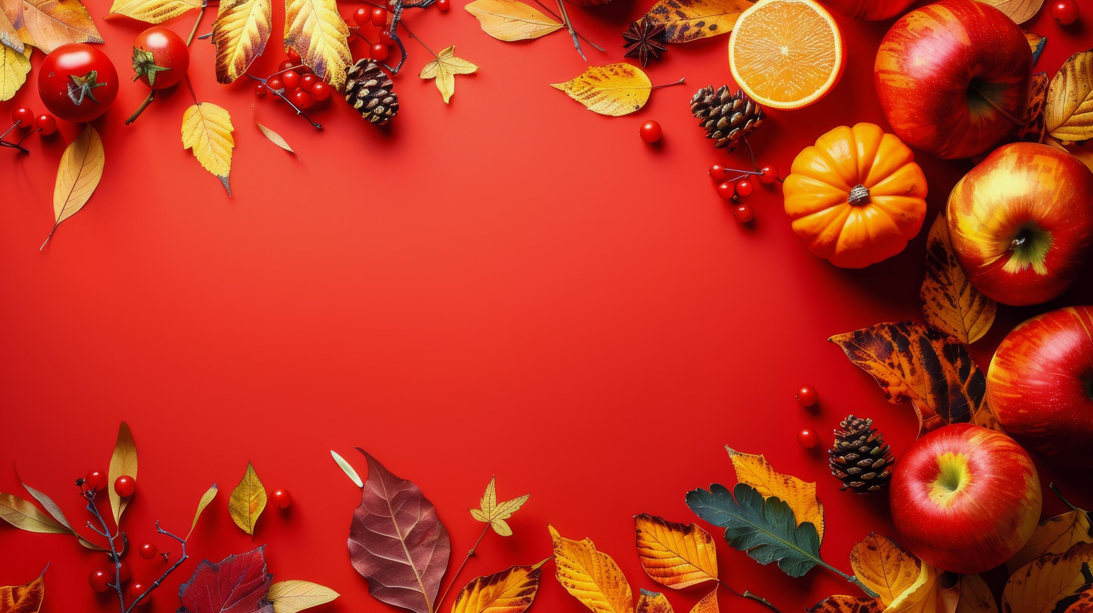 Fall Fruits and Leaves on Red Background Stock Free