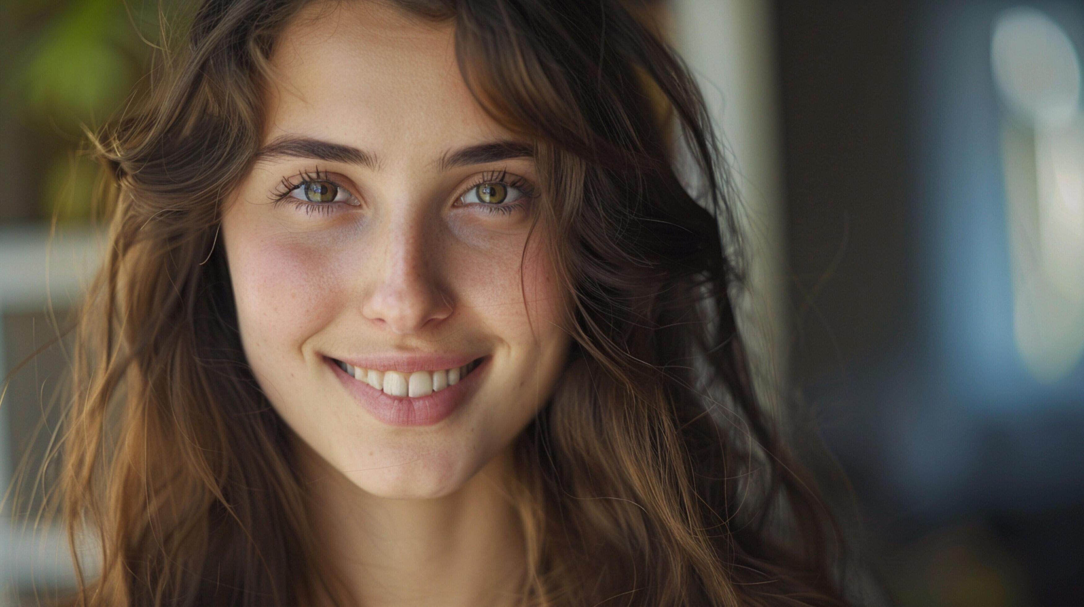 young woman with long brown hair smiling Stock Free