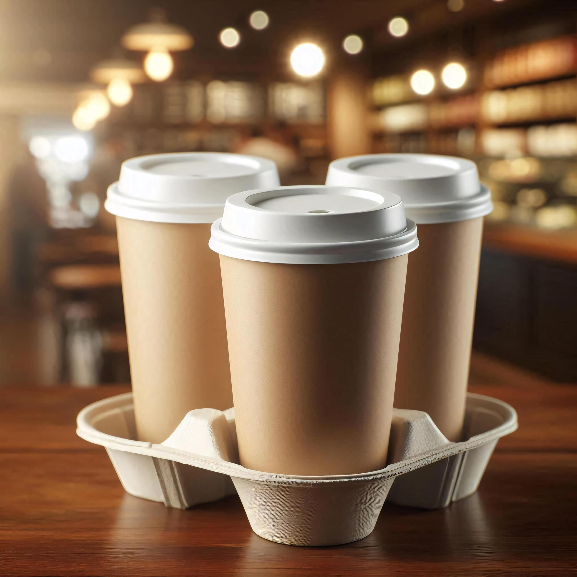 Colorful Takeaway Cups in a Carrier with a Blurred Coffee Shop Background for Mockup and Branding Use Stock Free