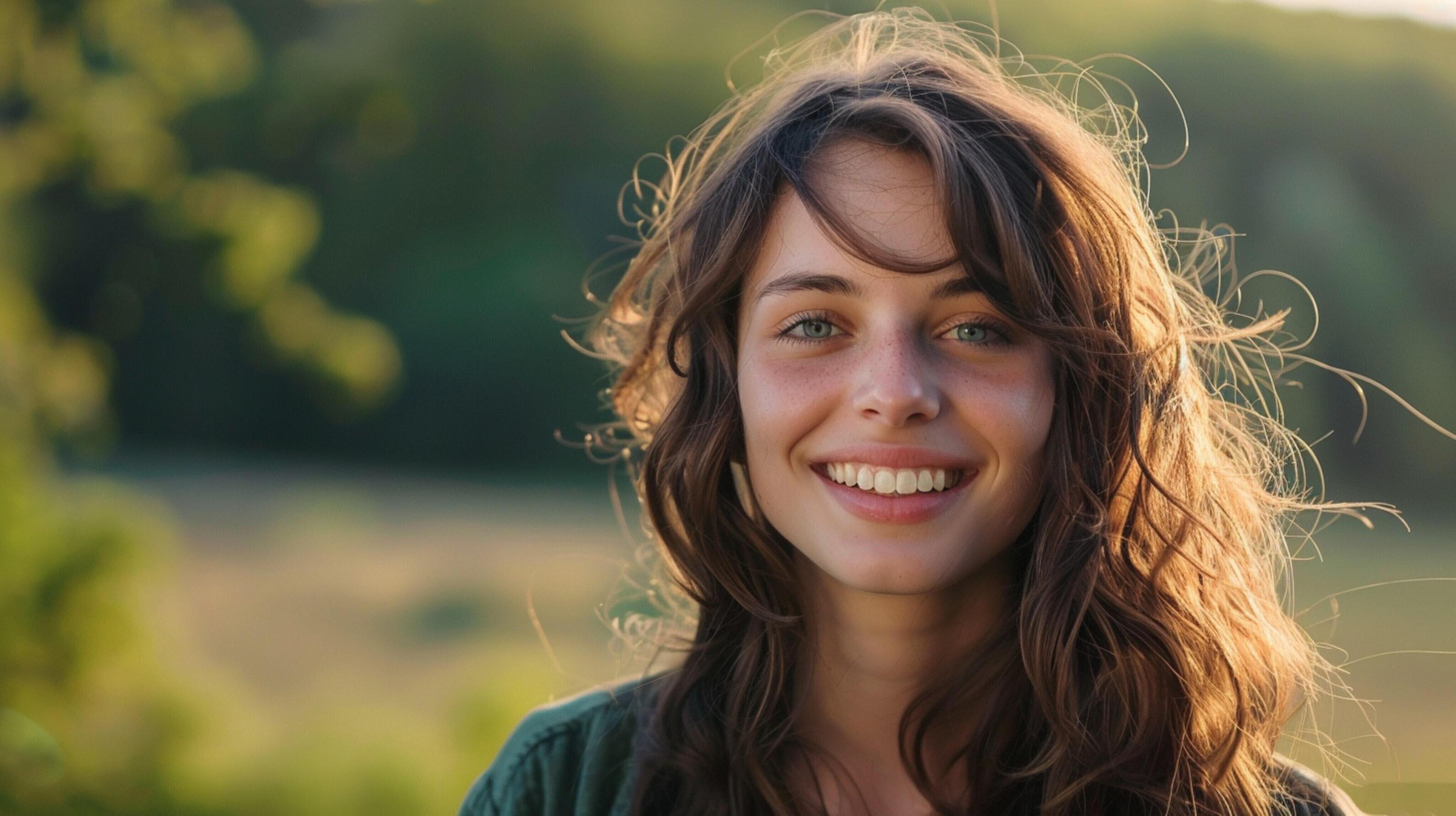 young woman with long brown hair smiling Stock Free