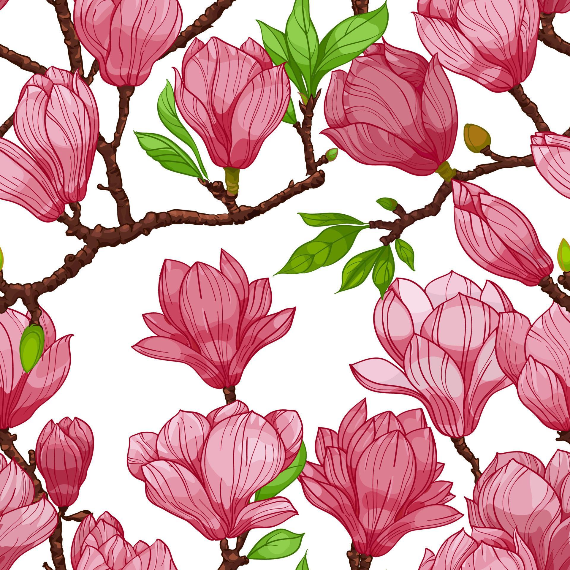 pink blossom magnolia flowers, seamless pattern. hand drawn illustration Stock Free