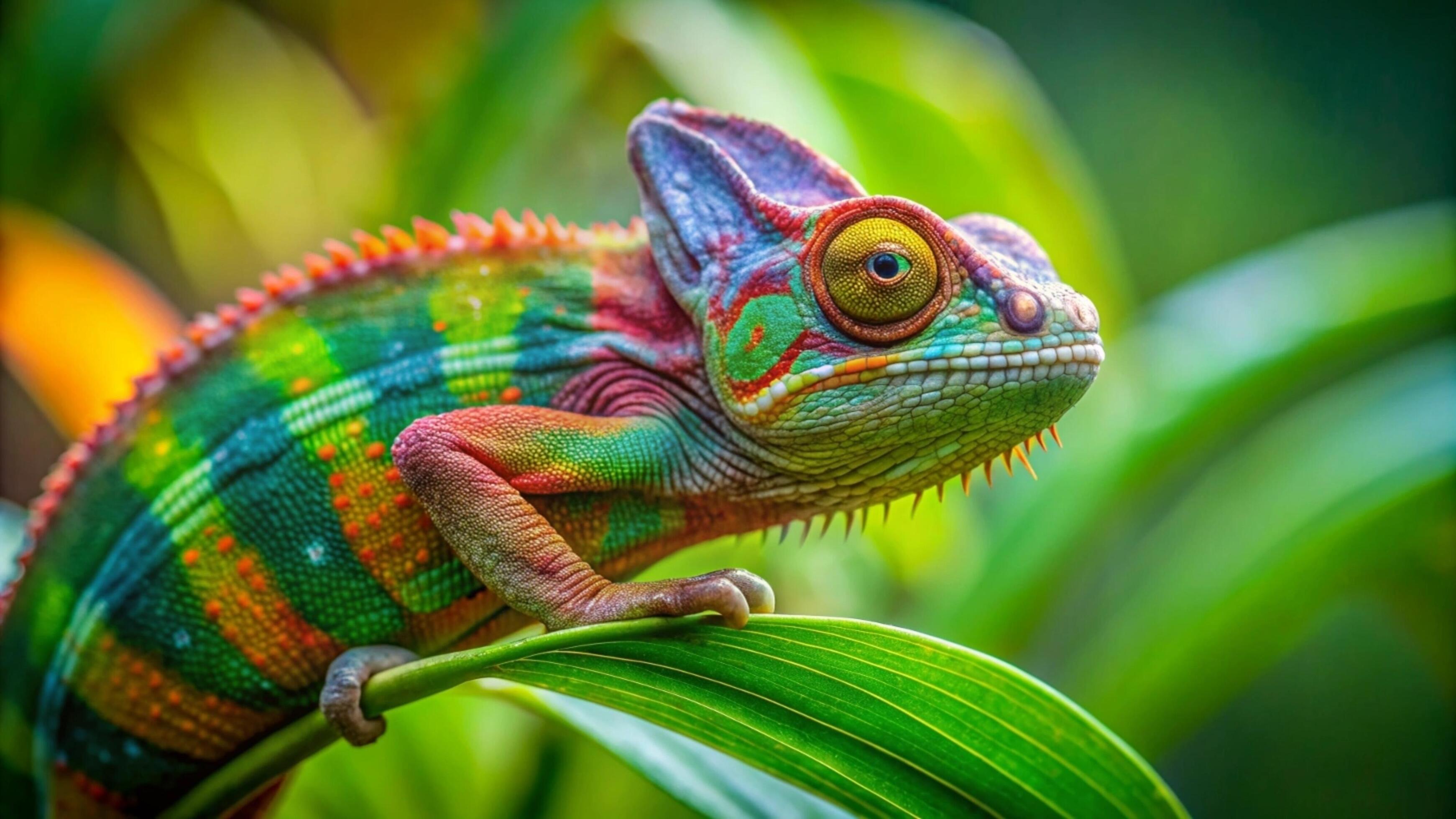 A vibrant chameleon camouflaging against a lush green forest background. Stock Free