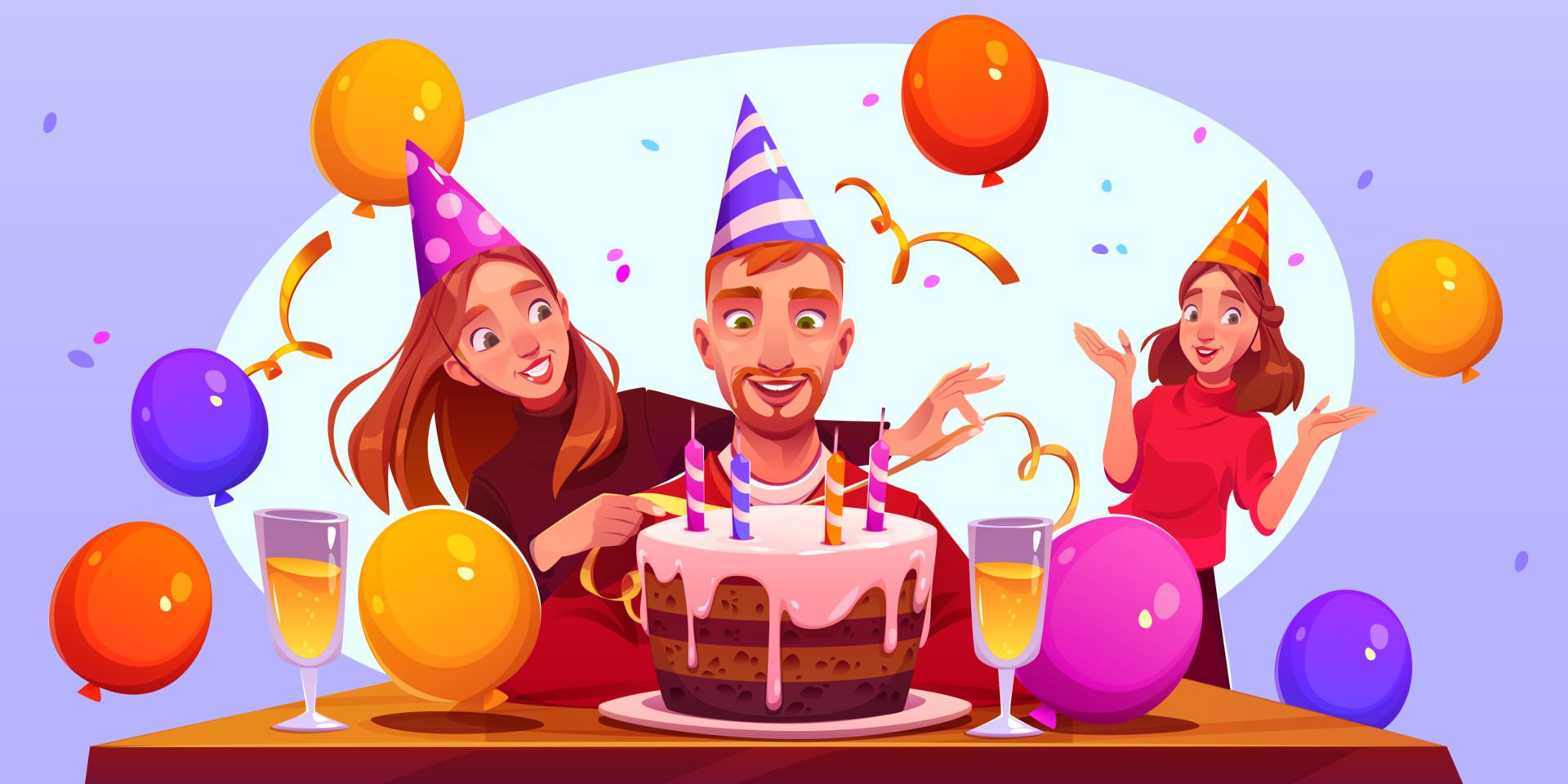 Birthday party with happy celebrating people, cake Free Vector