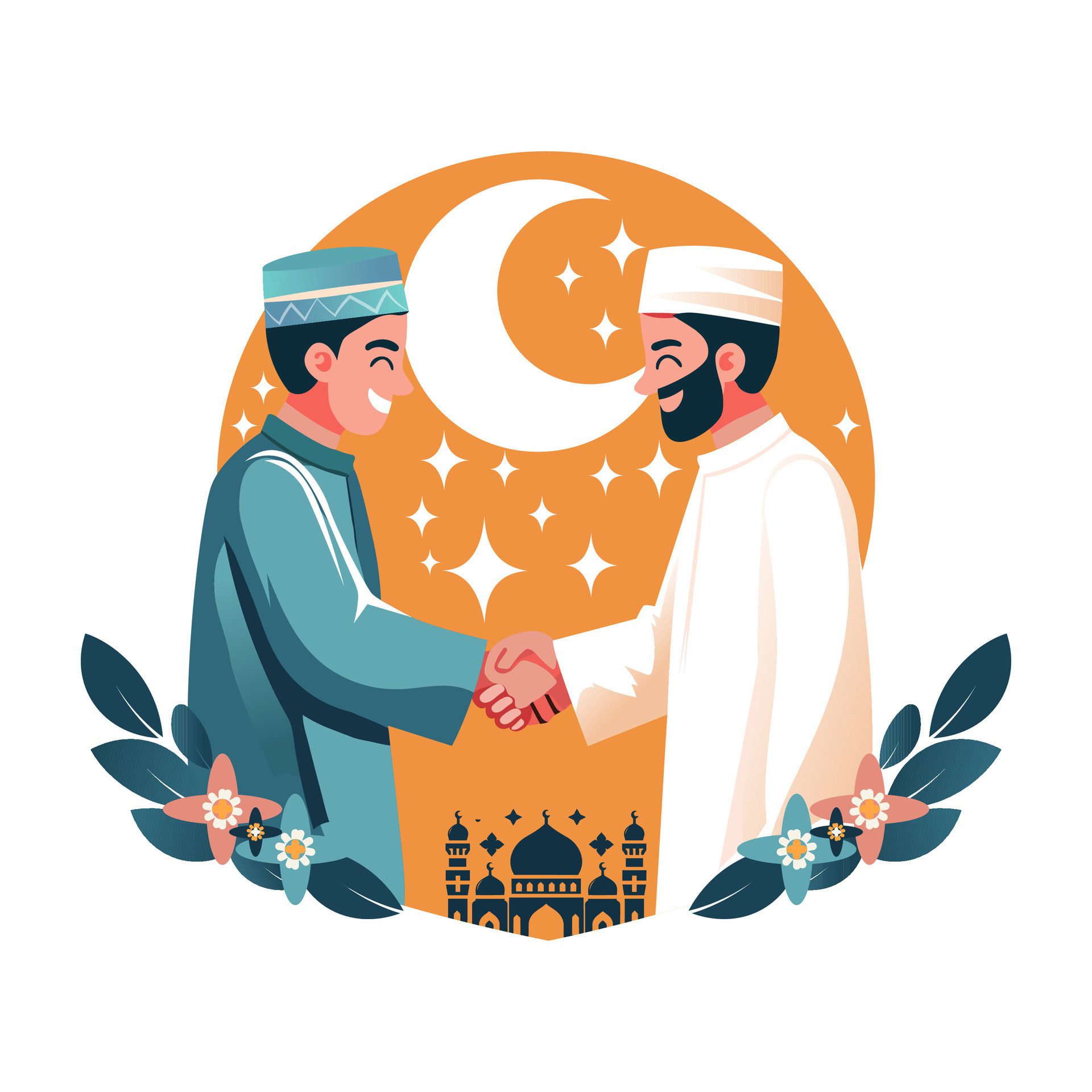 Eid Festival Happy Muslim People, Celebrate Holy Month Ramadhan, Eid Mubarak Greeting Illustration Free Vector