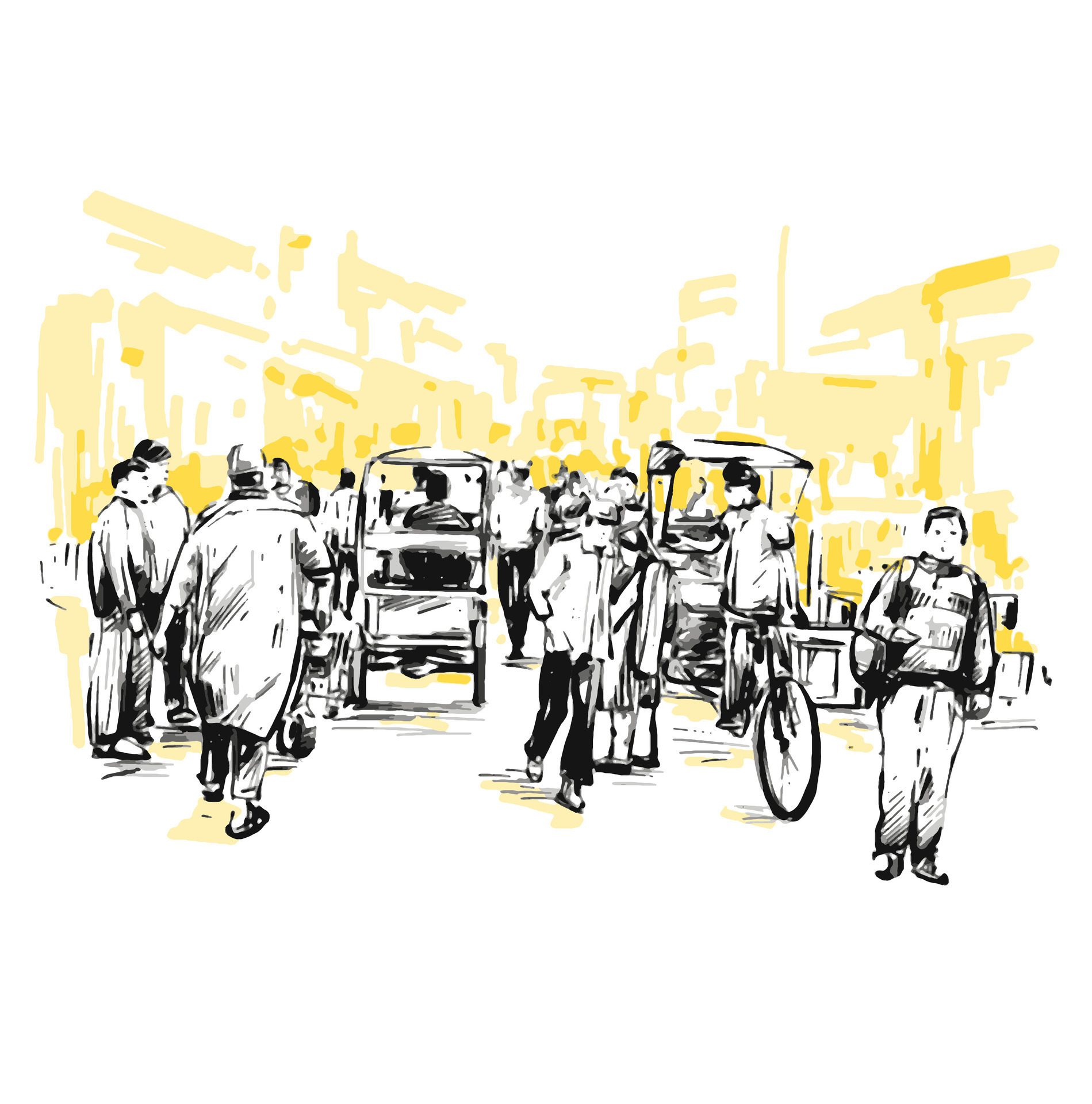 Drawing of people walking at local market in India yellow background Free Vector