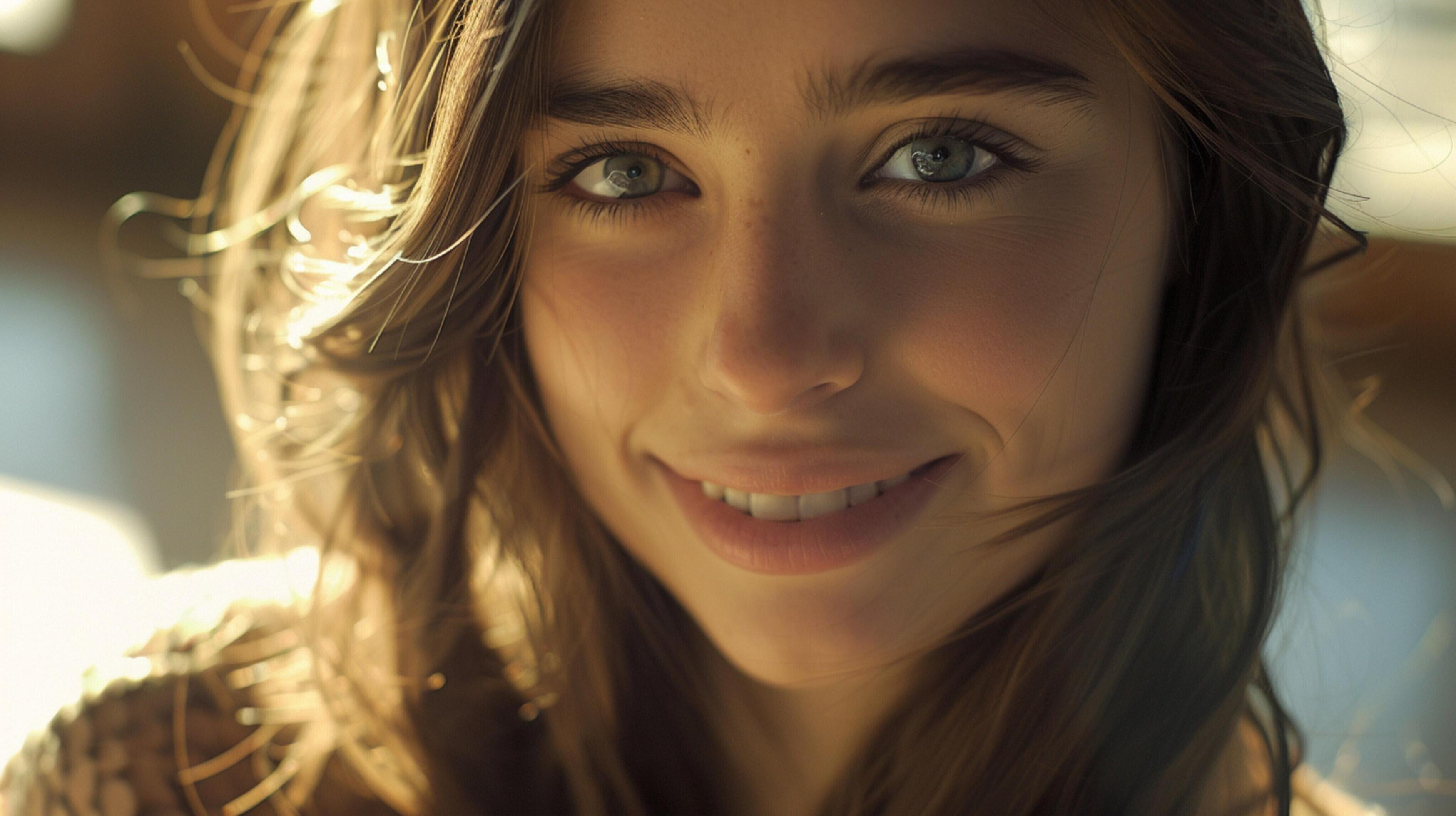 young woman with long brown hair smiling Stock Free