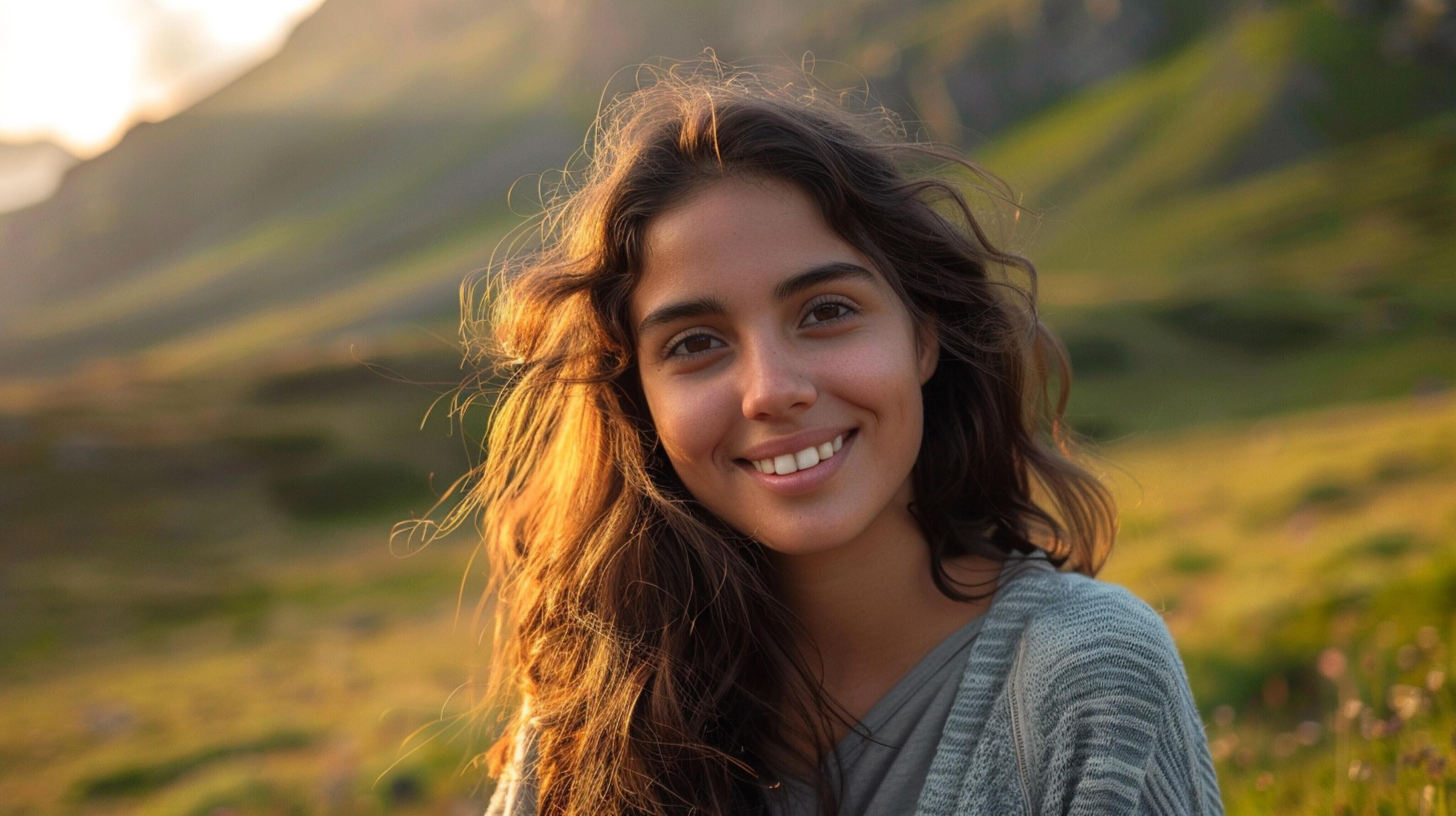 young woman outdoors looking at camera smiling Stock Free