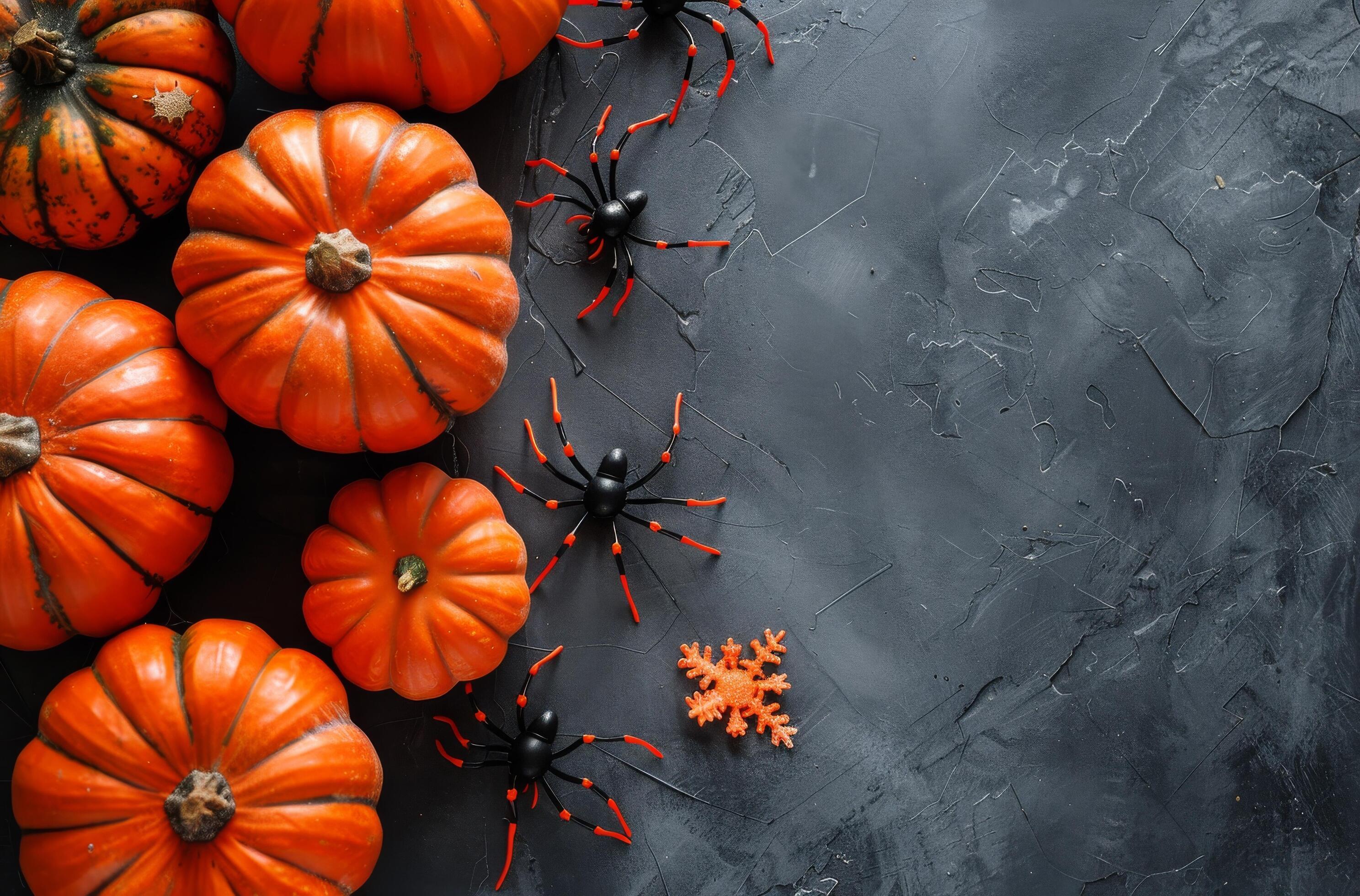 Autumnal Halloween Pumpkins and Spiders on Grey Background Stock Free