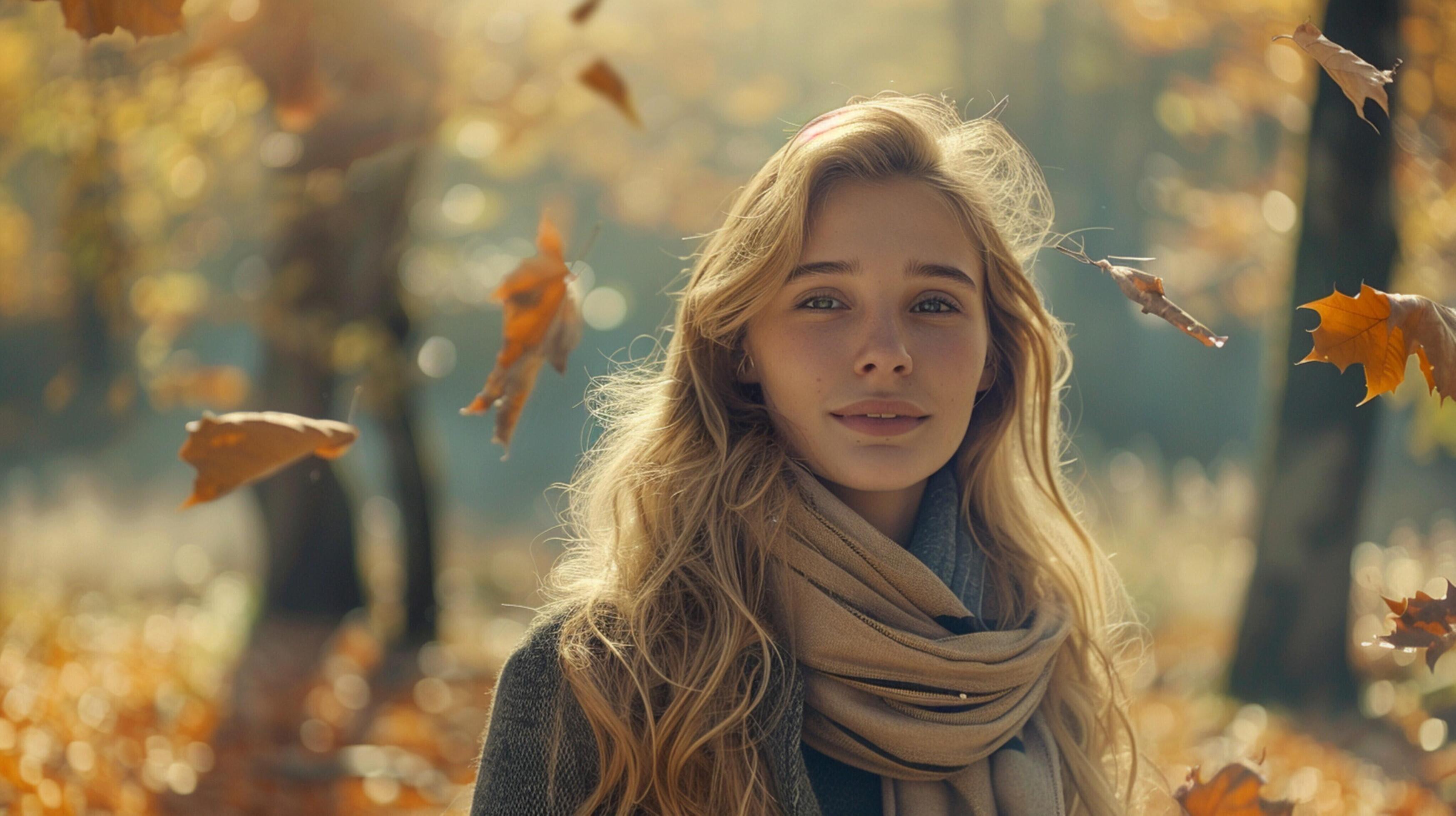 young woman with long blond hair enjoying autumn Stock Free