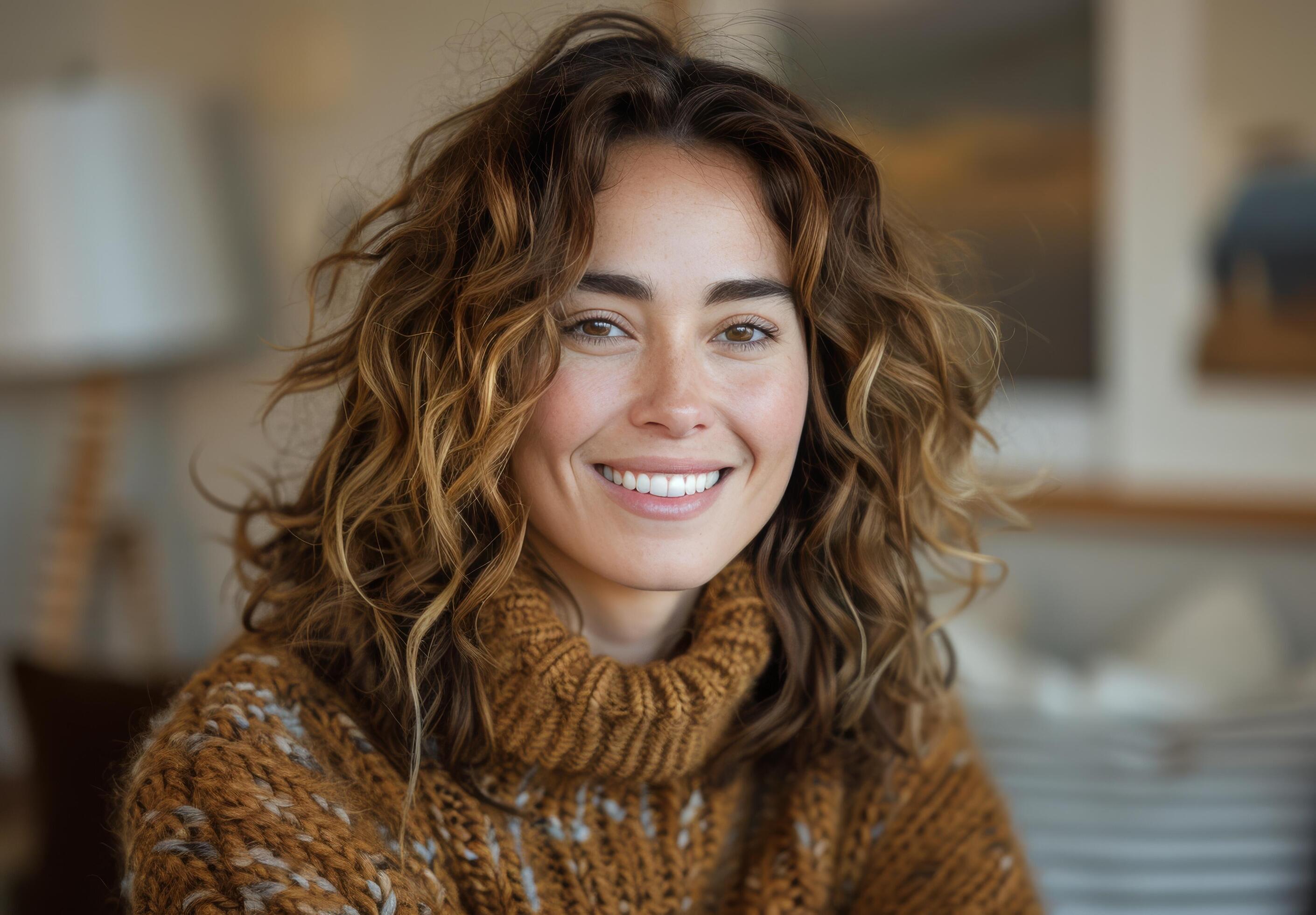 Woman With Long Curly Brown Hair Wearing an Orange Knit Sweater Smiling Stock Free