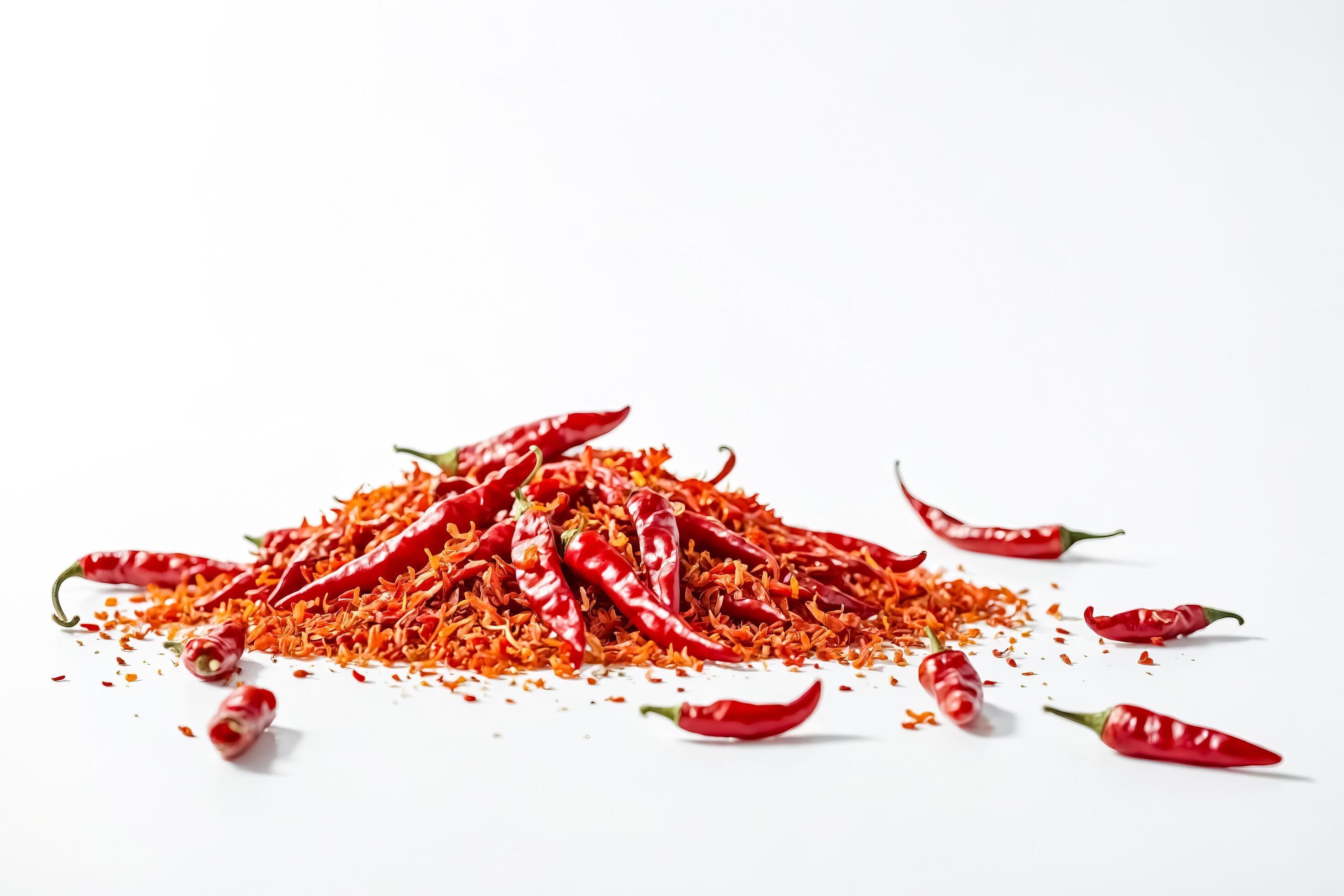 Red Chili Peppers and Flakes on White Background Stock Free