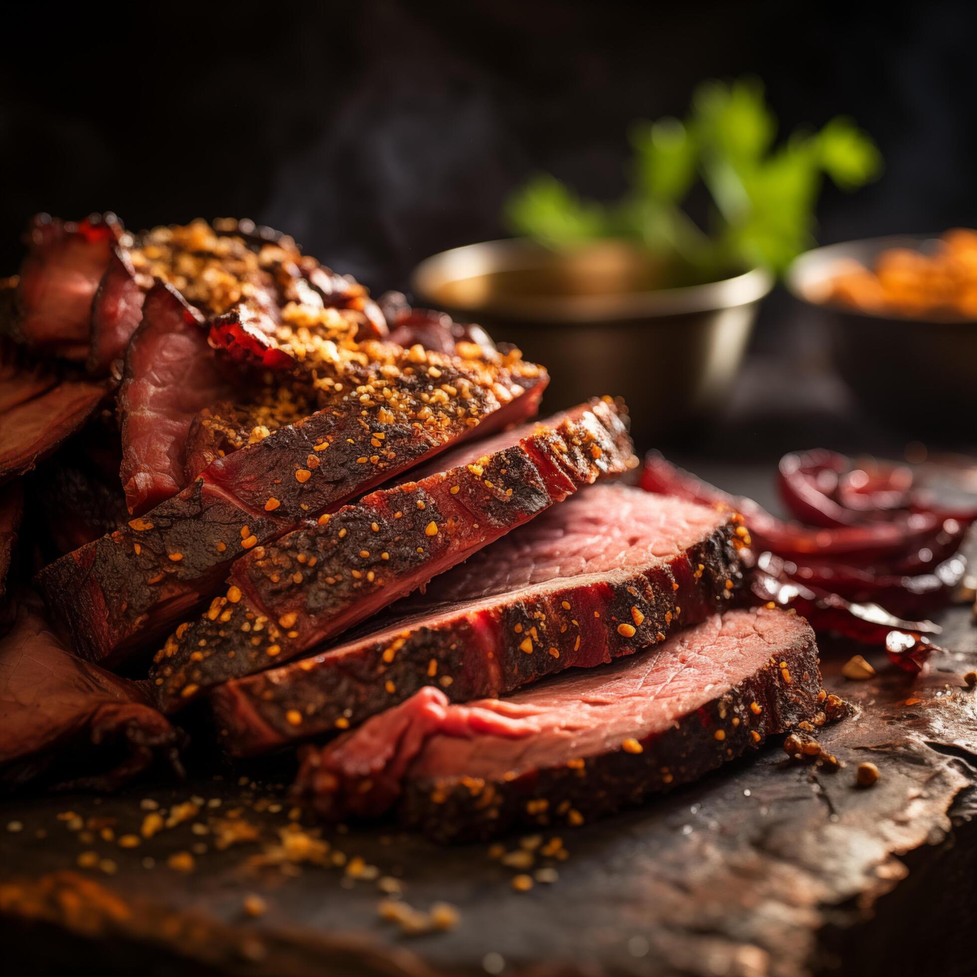 Piece of rump steak on cutting board dark background. Cured spiced and smoked Pastrami. Photo for restaurant menu, advertising, delivery, banner Stock Free