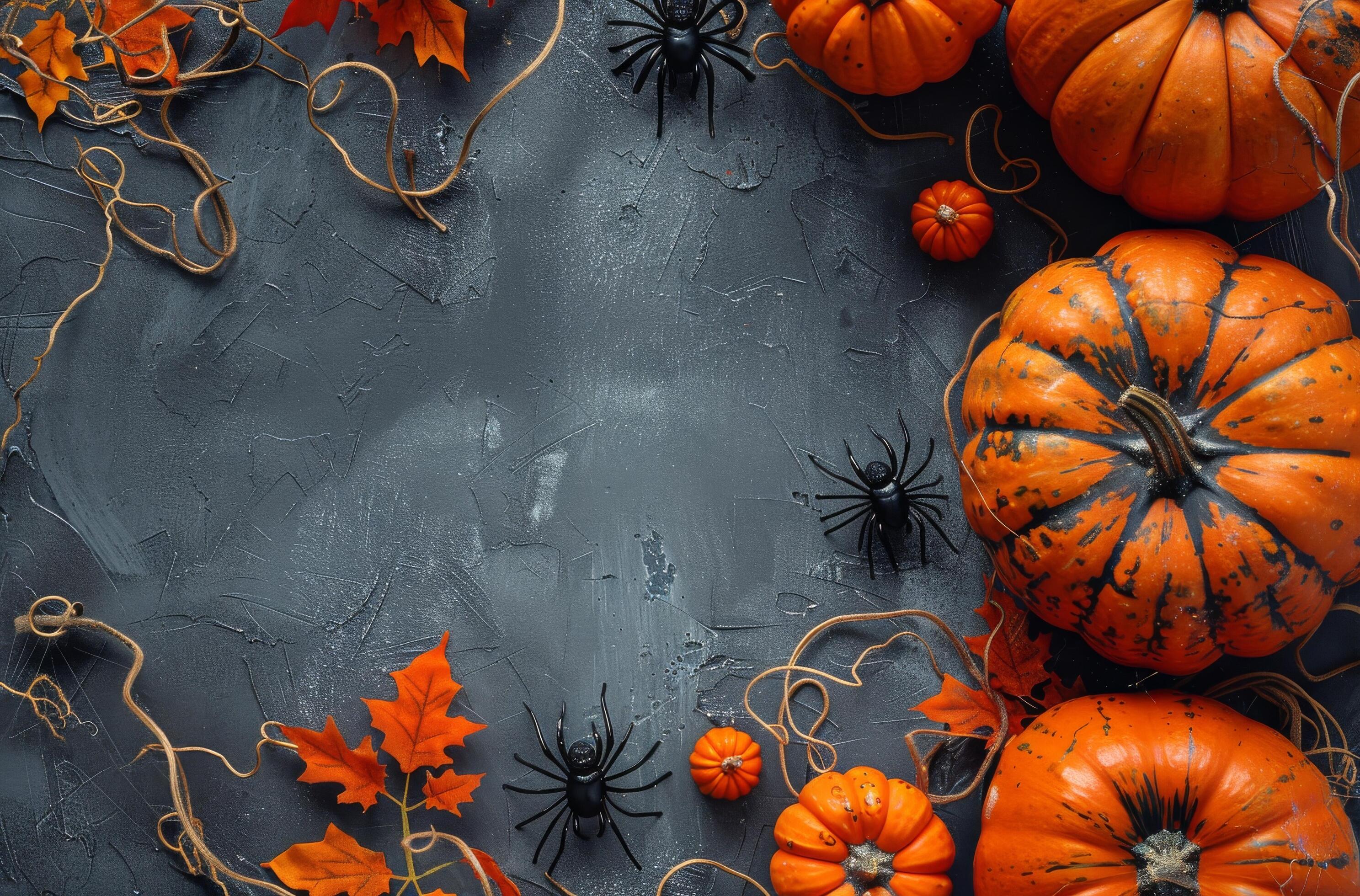 Autumnal Halloween Pumpkins and Spiders on Grey Background Stock Free