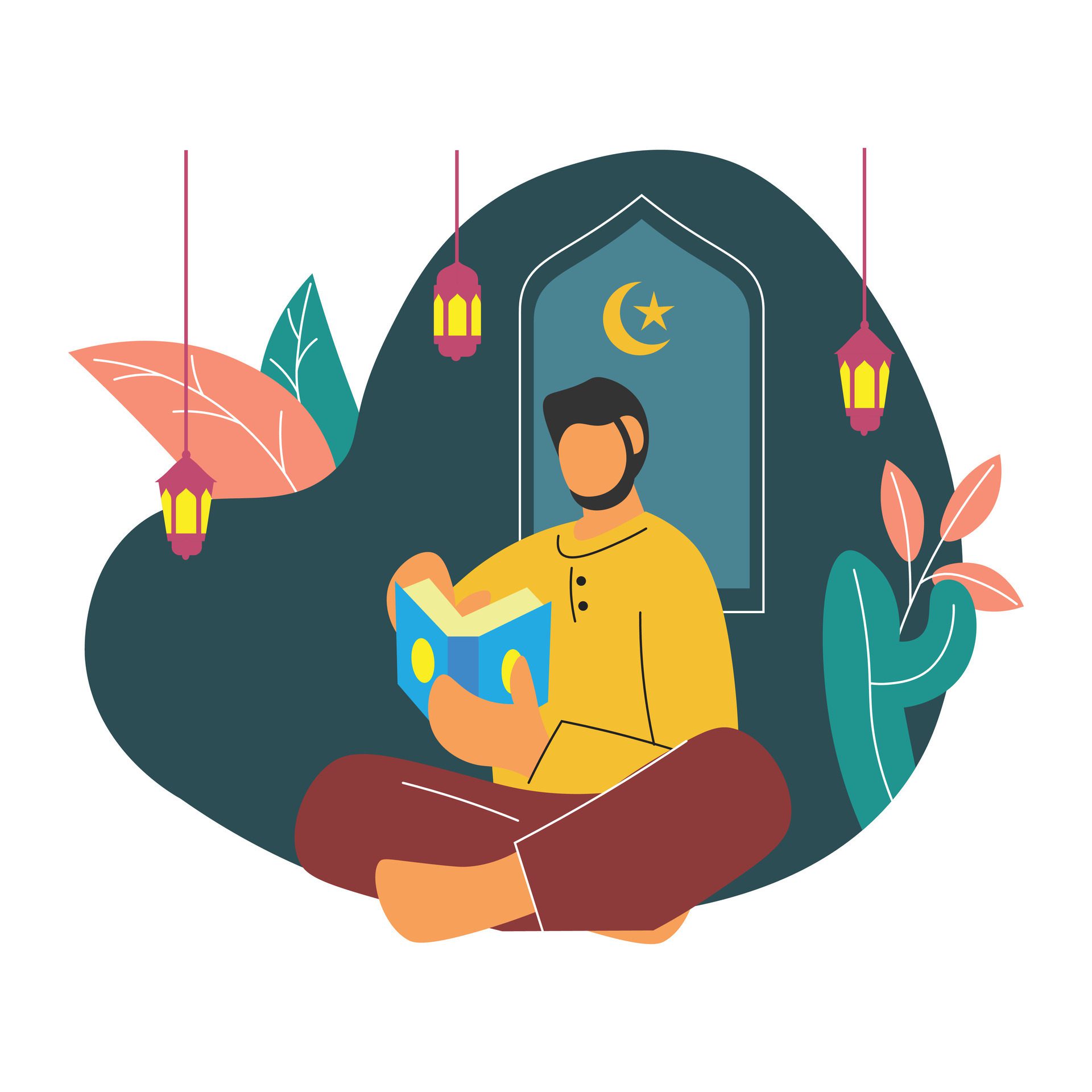 Flat illustration of muslim man reading holy quran. Ramadan kareem. Muslim people Free Vector