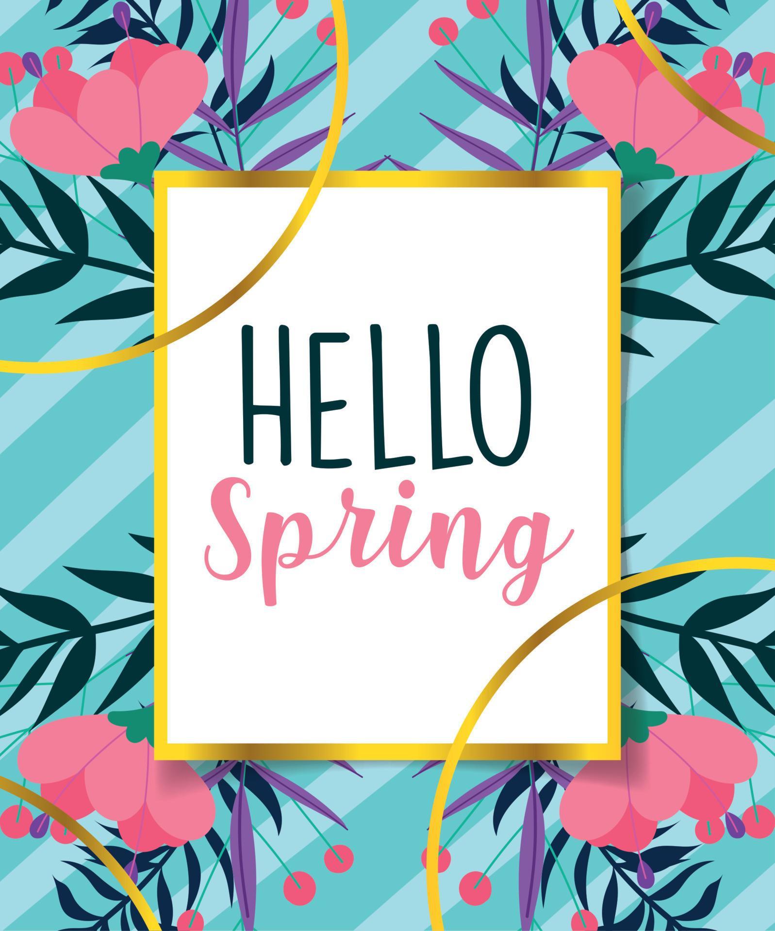 hello spring, greeting card flowers ribbon stripes background Stock Free