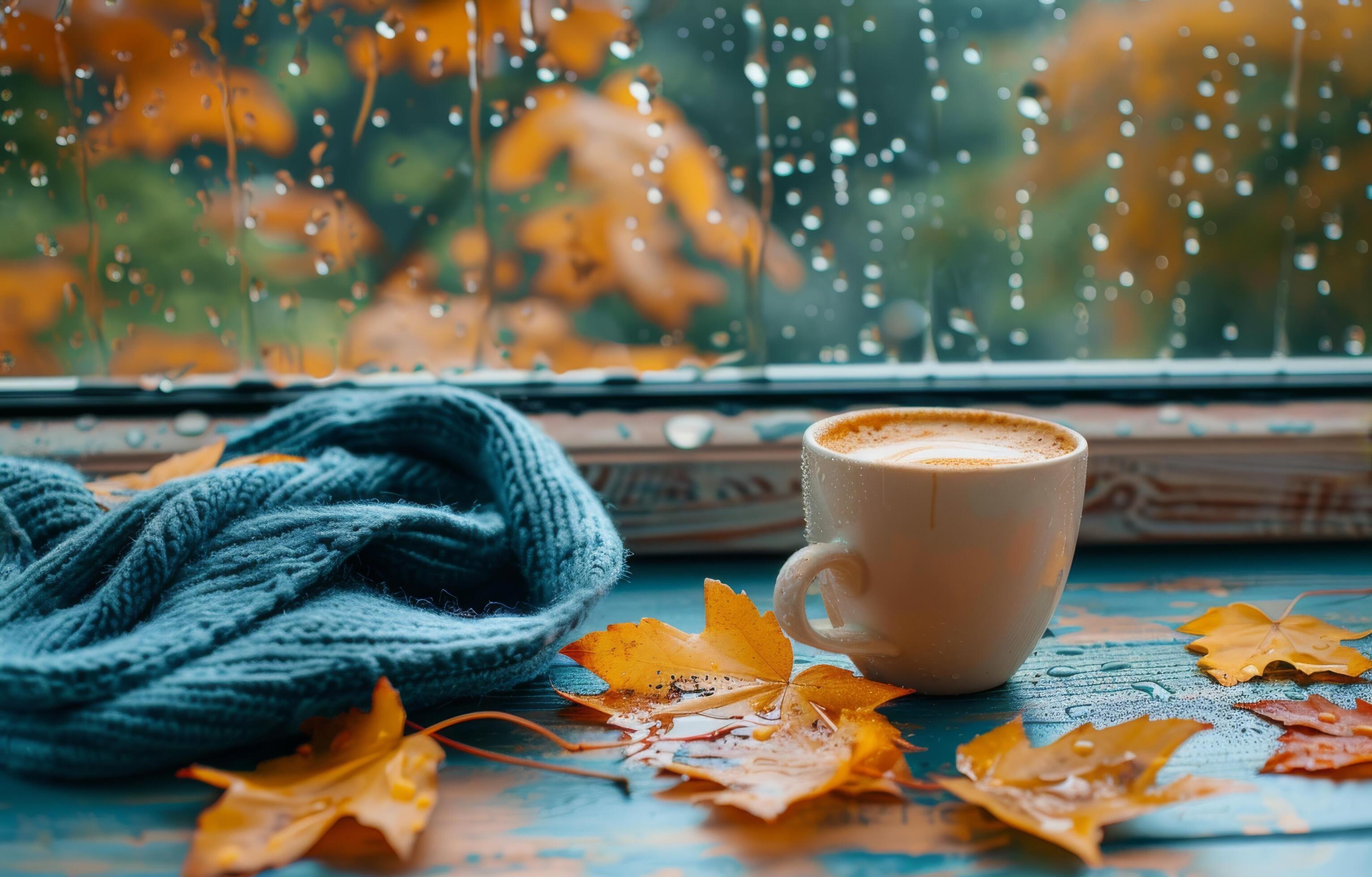 A Cup Of Coffee On A Rainy Autumn Day Stock Free