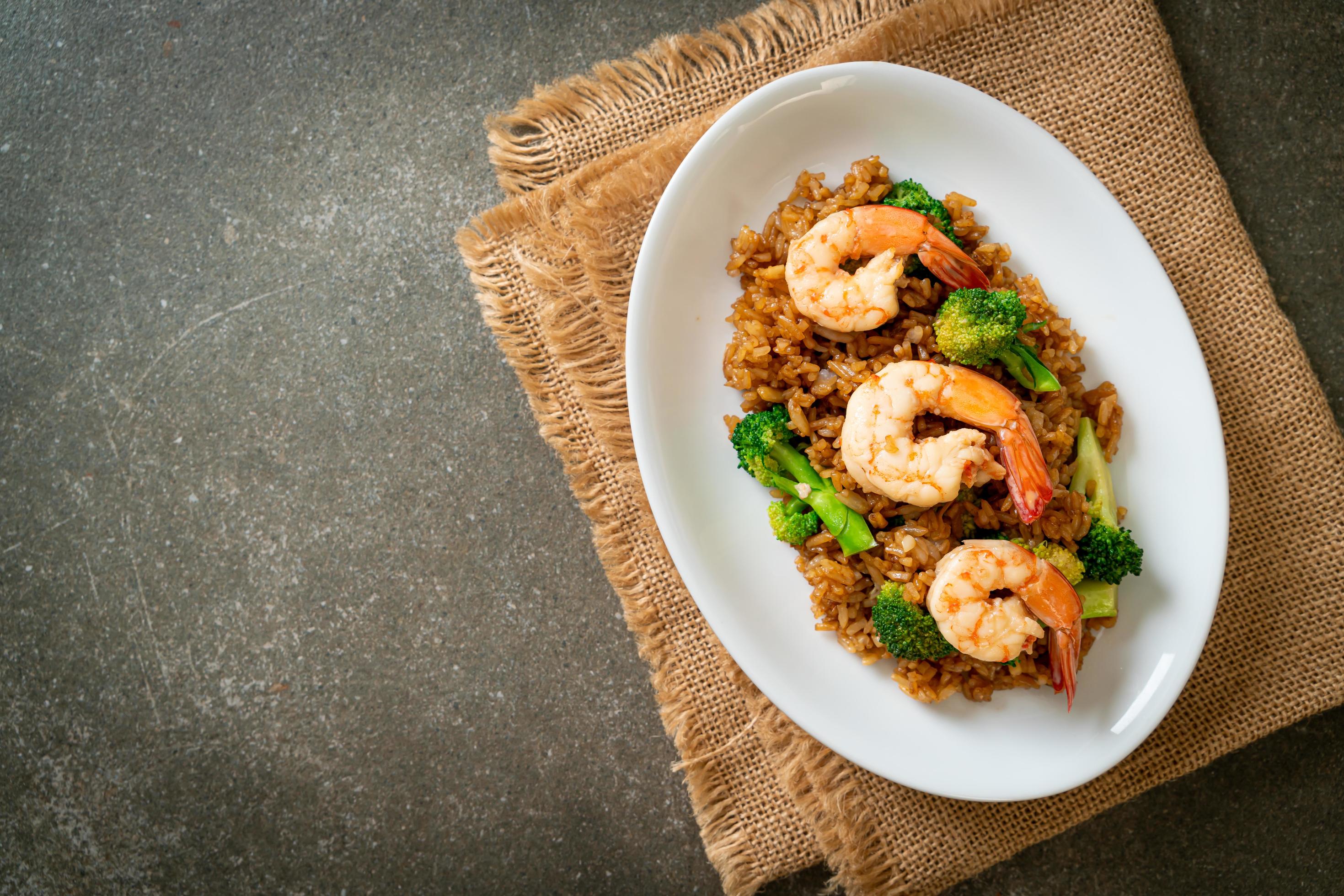 Fried rice with broccoli and shrimp – Homemade food style Stock Free