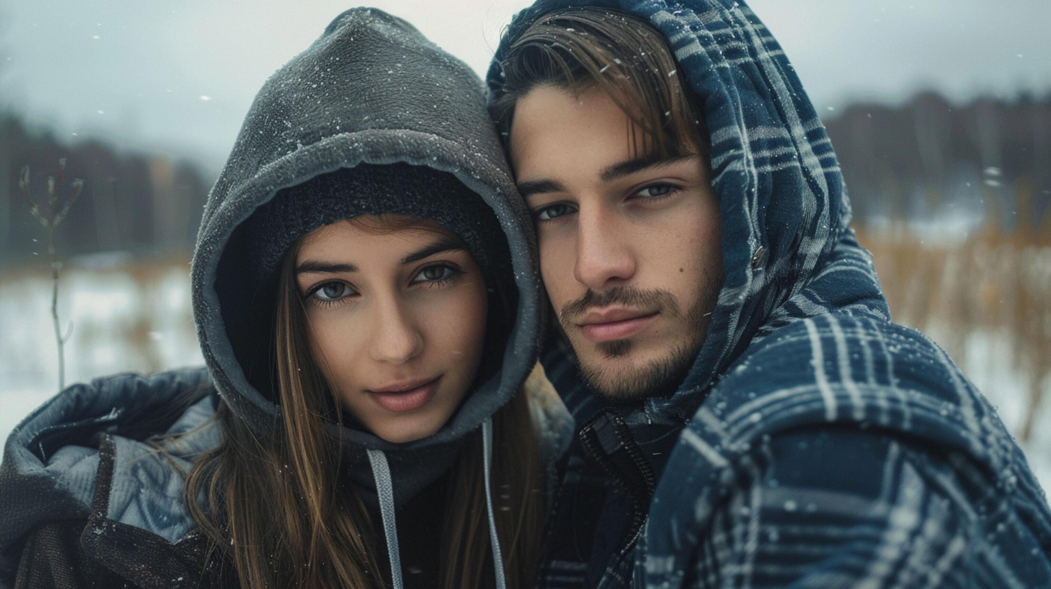 young couple in hooded shirts looking at camera Stock Free