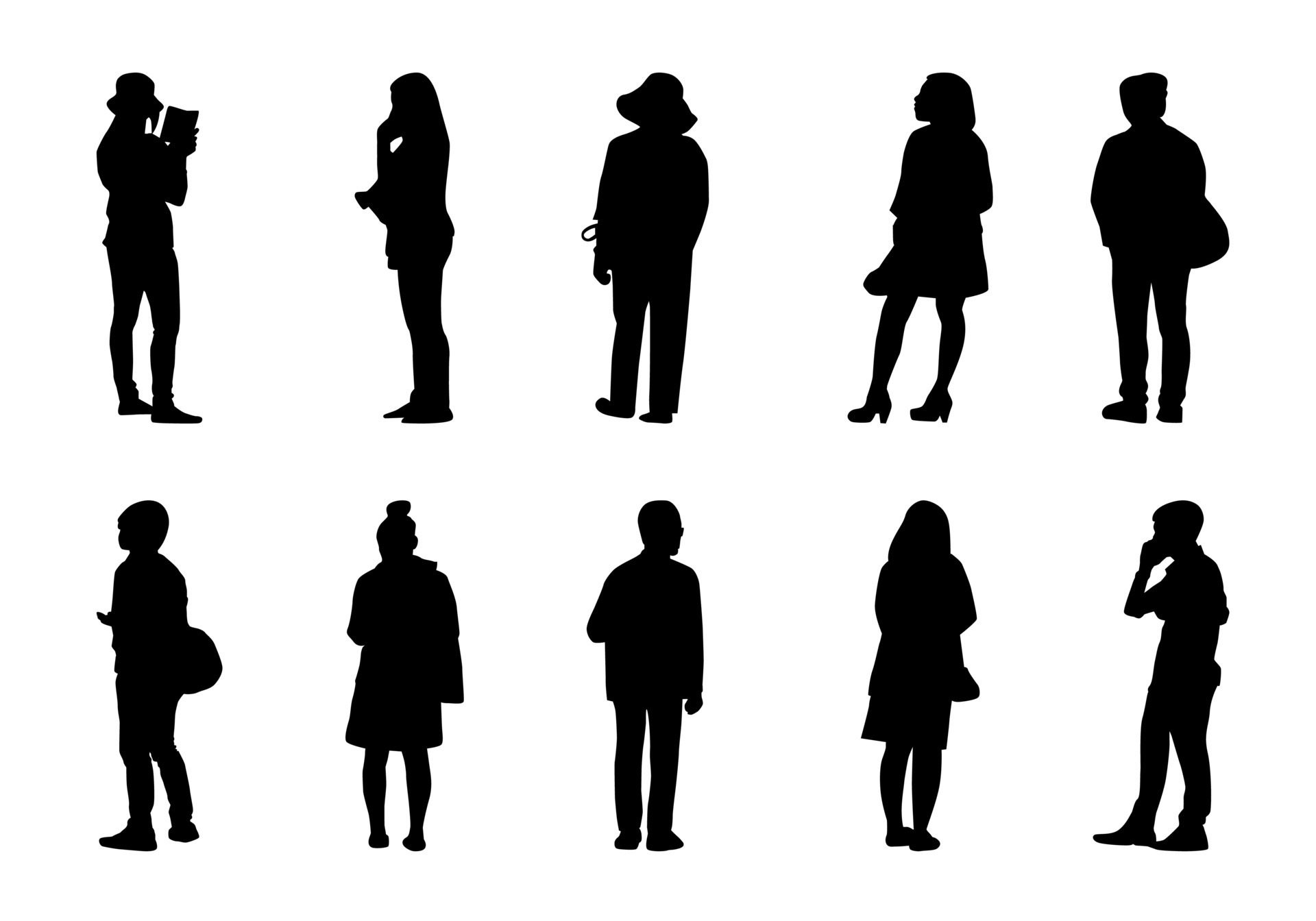 Silhouette people stand set, Black men and women vector on white background Free Vector