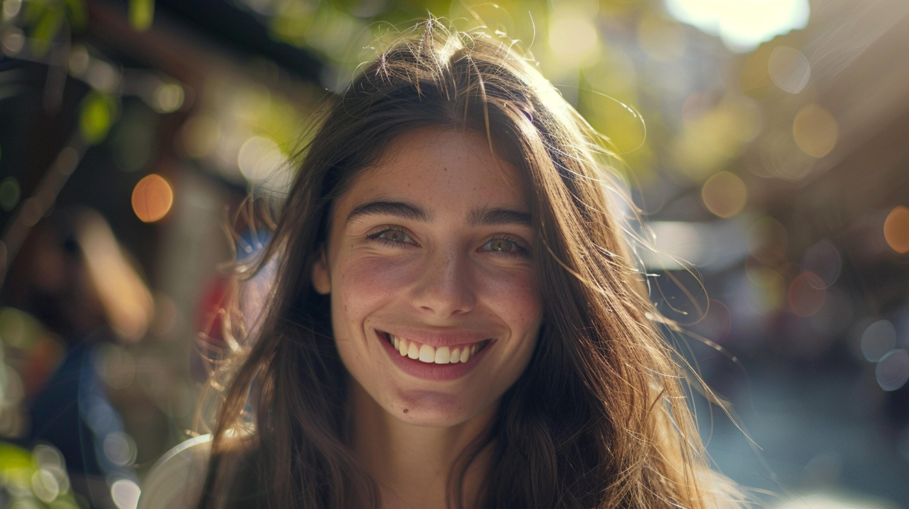 young woman with long brown hair smiling Stock Free