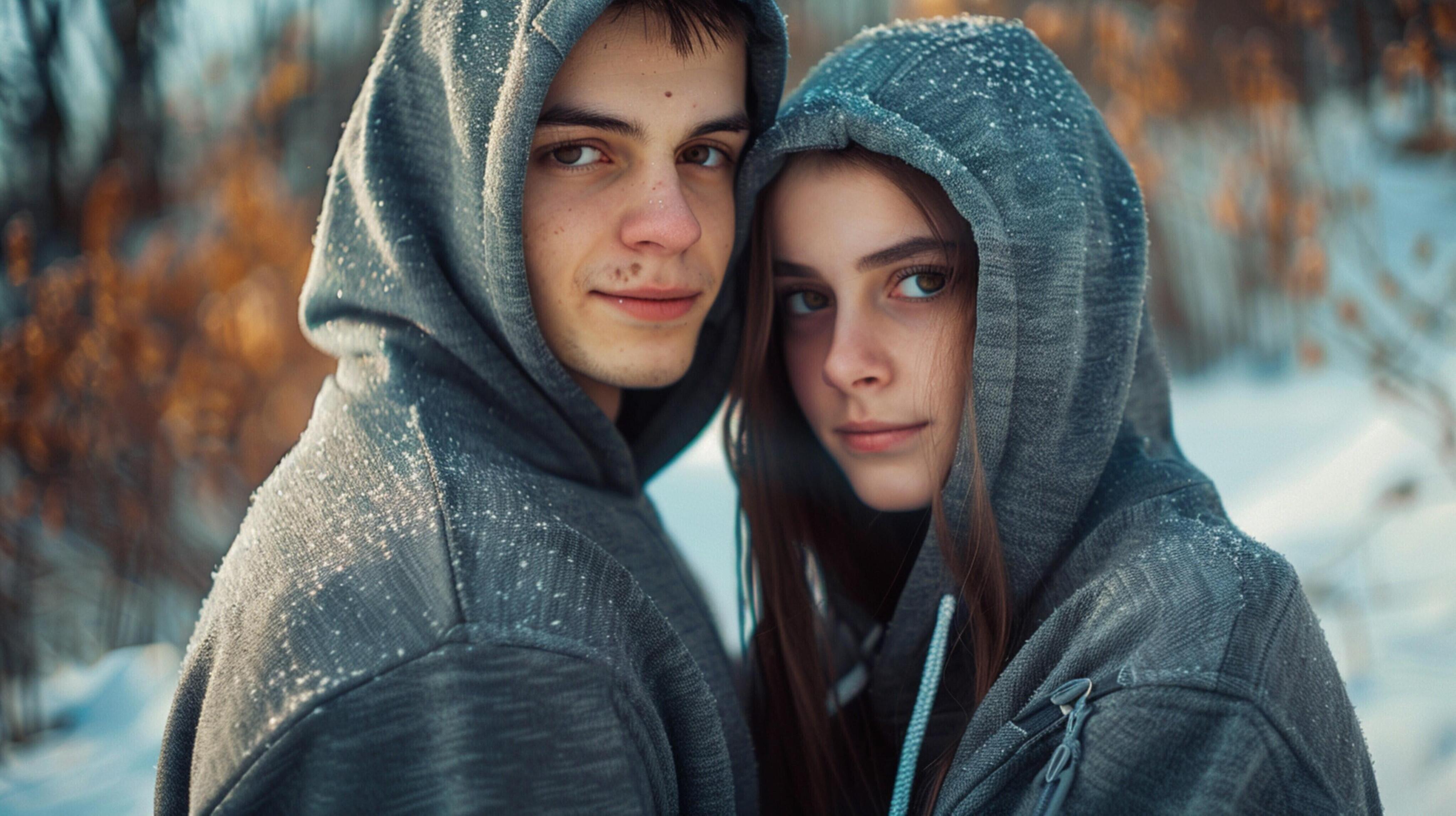 young couple in hooded shirts looking at camera Stock Free