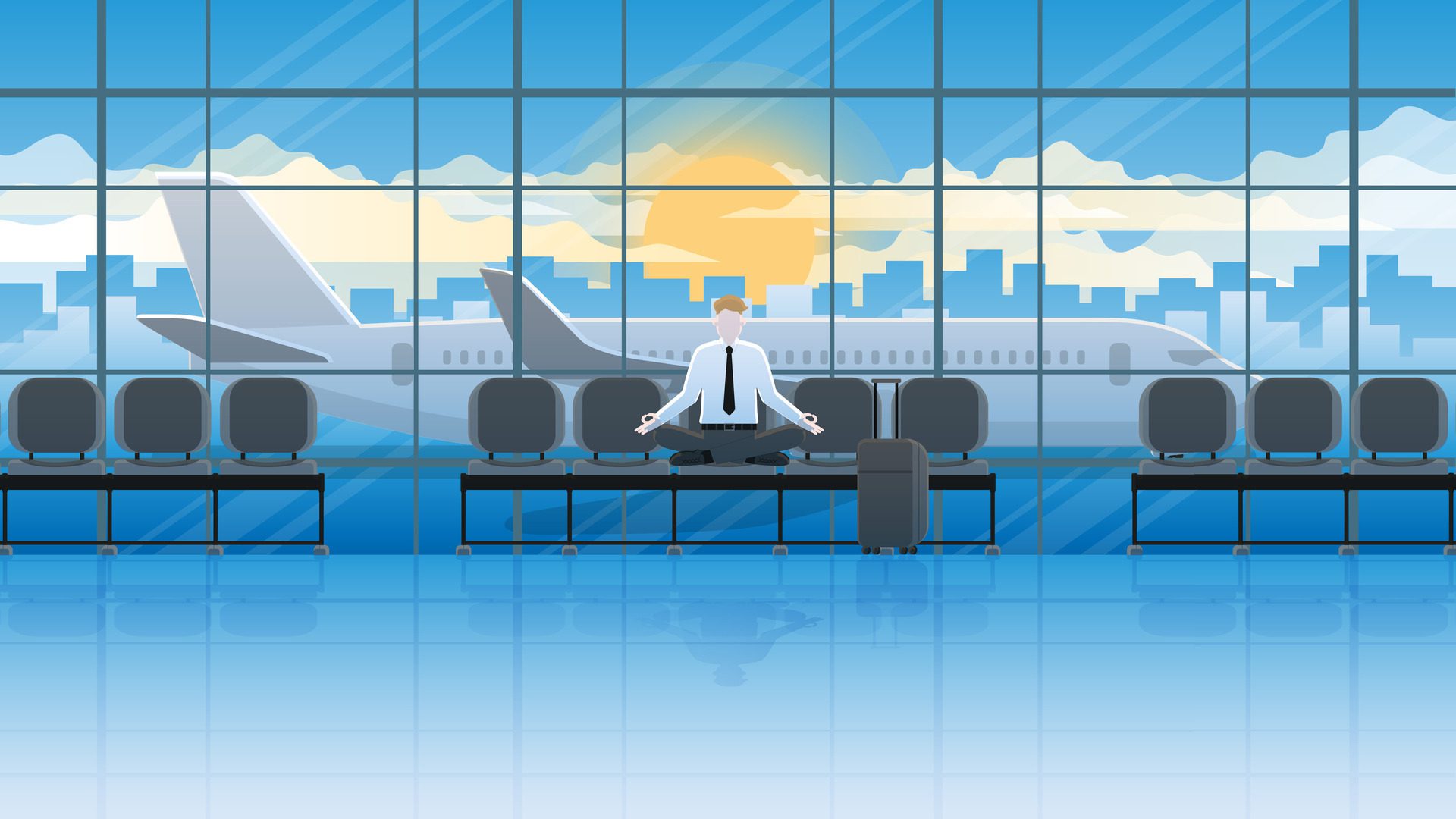 Peace of mind concept. Meditation office people sitting cross-legged on a seat at international airport. Free Vector