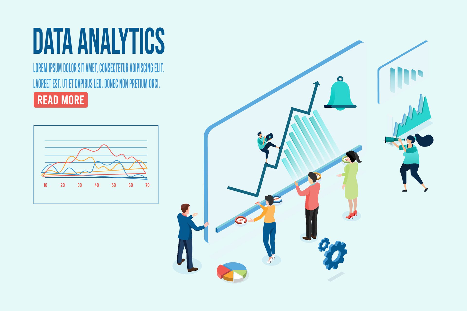 Modern 3d isometric design concept of Data Analysis with business people team working with Data Visualization for website and mobile website. Free Vector