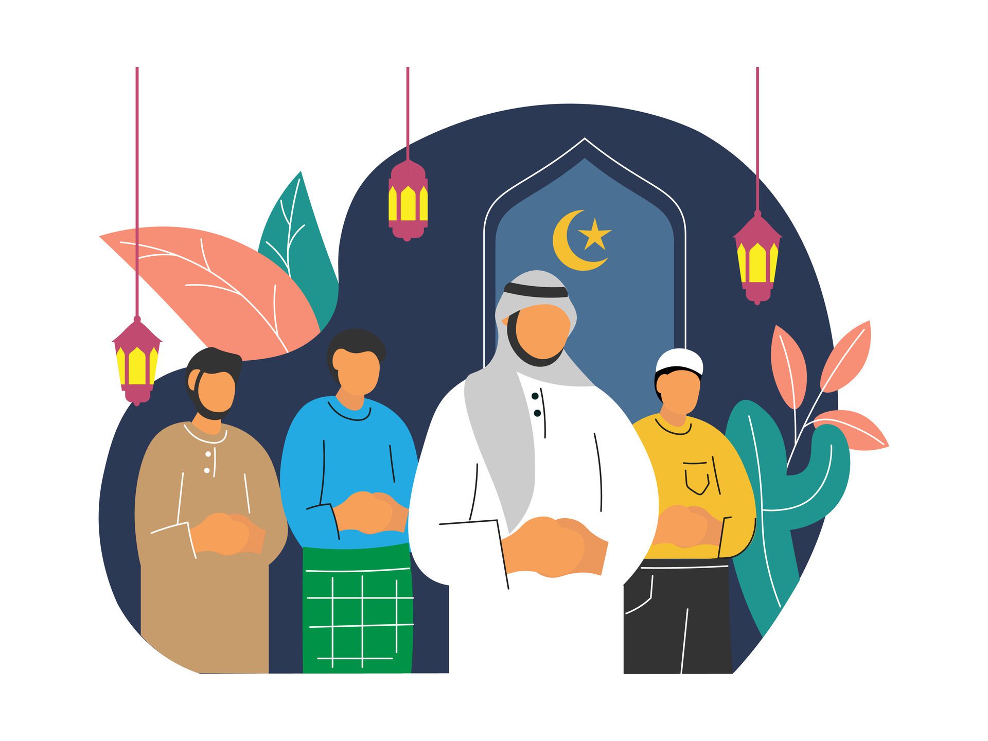 Flat illustration of muslim man praying shalat taraweh. Ramadan kareem. Muslim people Free Vector