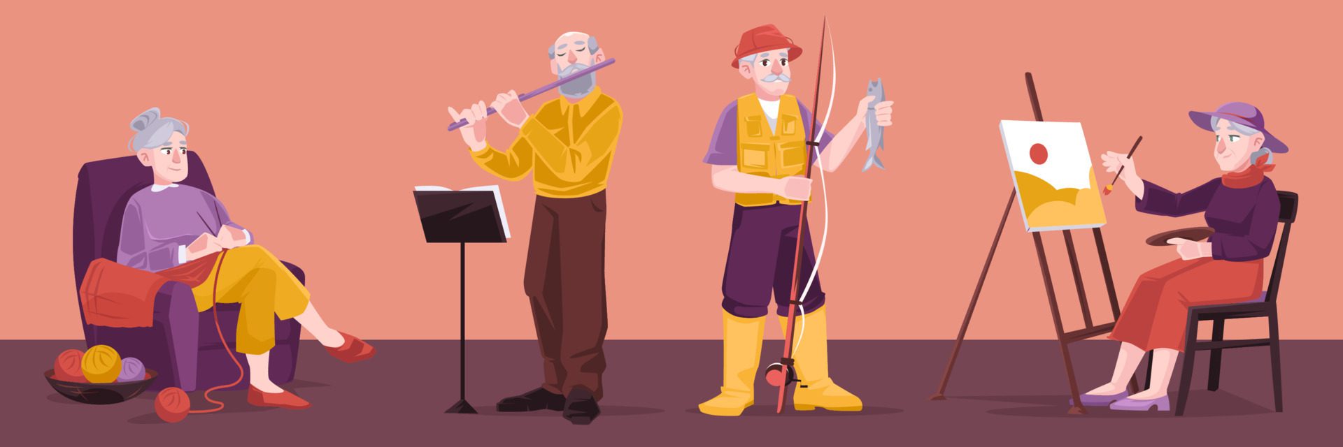 Elder people hobbies, fishing, painting, knitting Free Vector