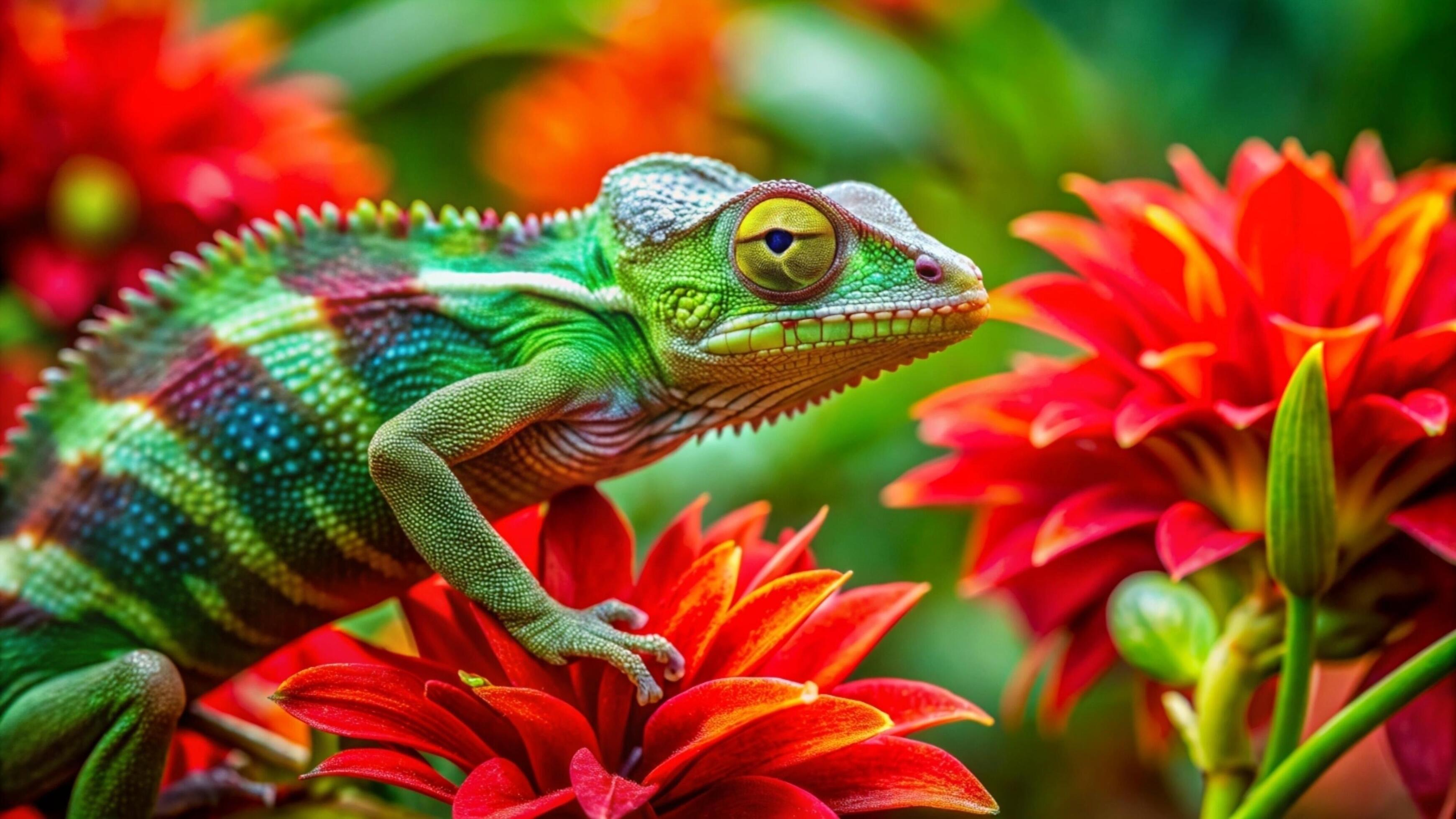 A vibrant chameleon camouflaging against a lush green forest background. Stock Free