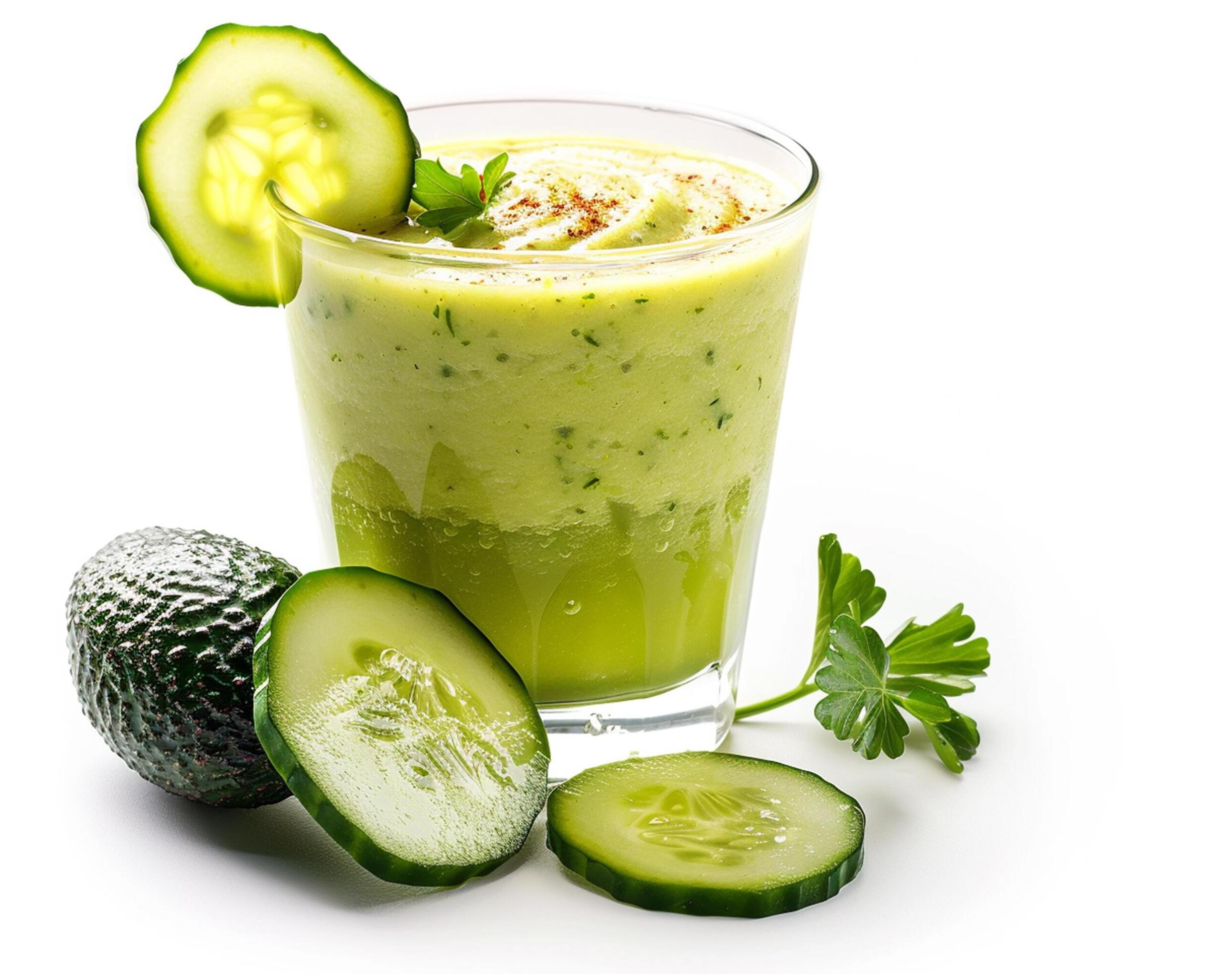 A glass of green smoothie with cucumbers and parsley Stock Free