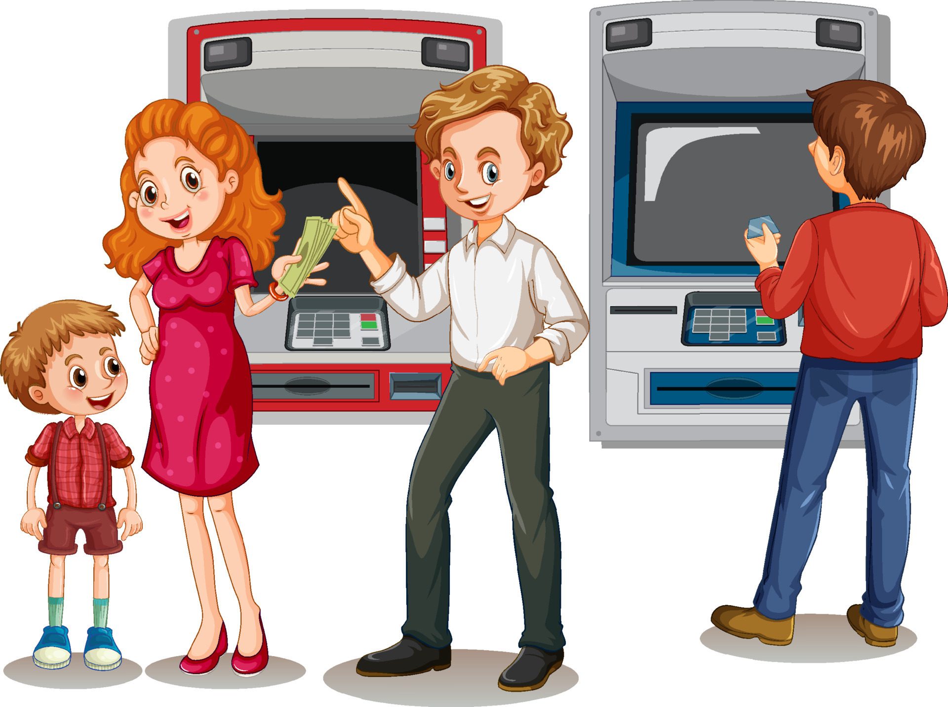 ATM machine with people cartoon character Free Vector