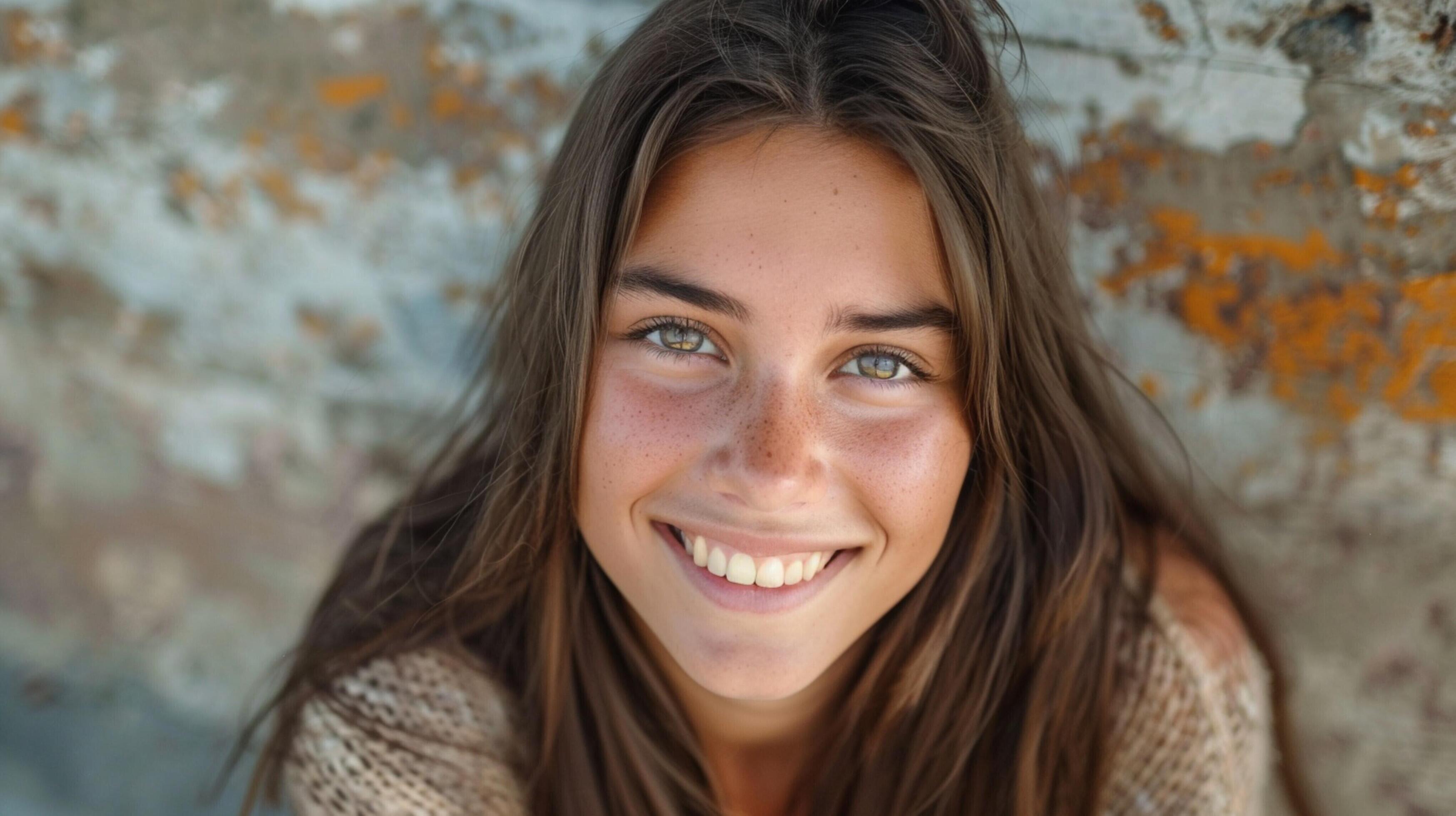 young woman with long brown hair smiling Stock Free