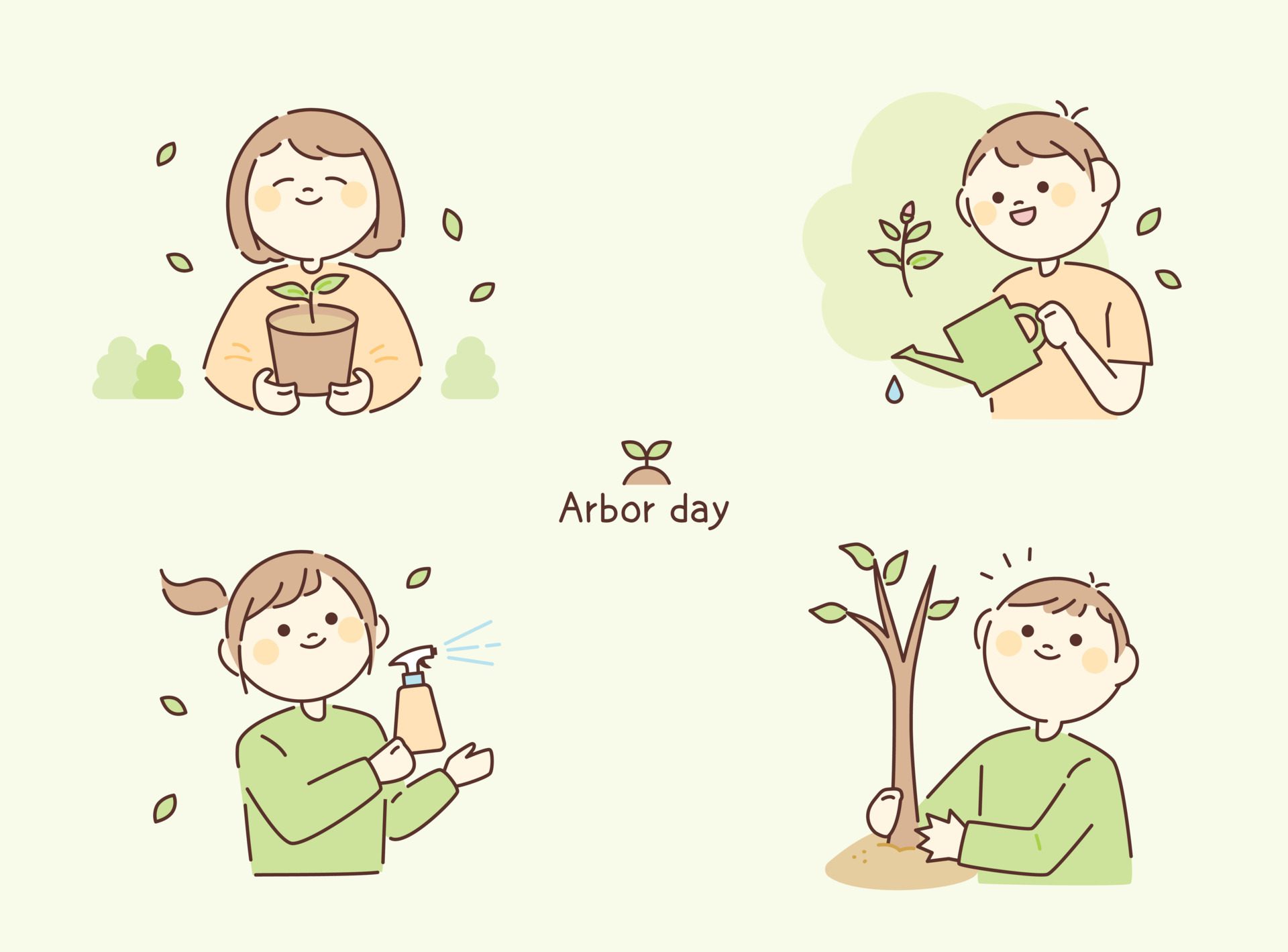 arbor day. People are taking care of plants. Circle face character. Free Vector