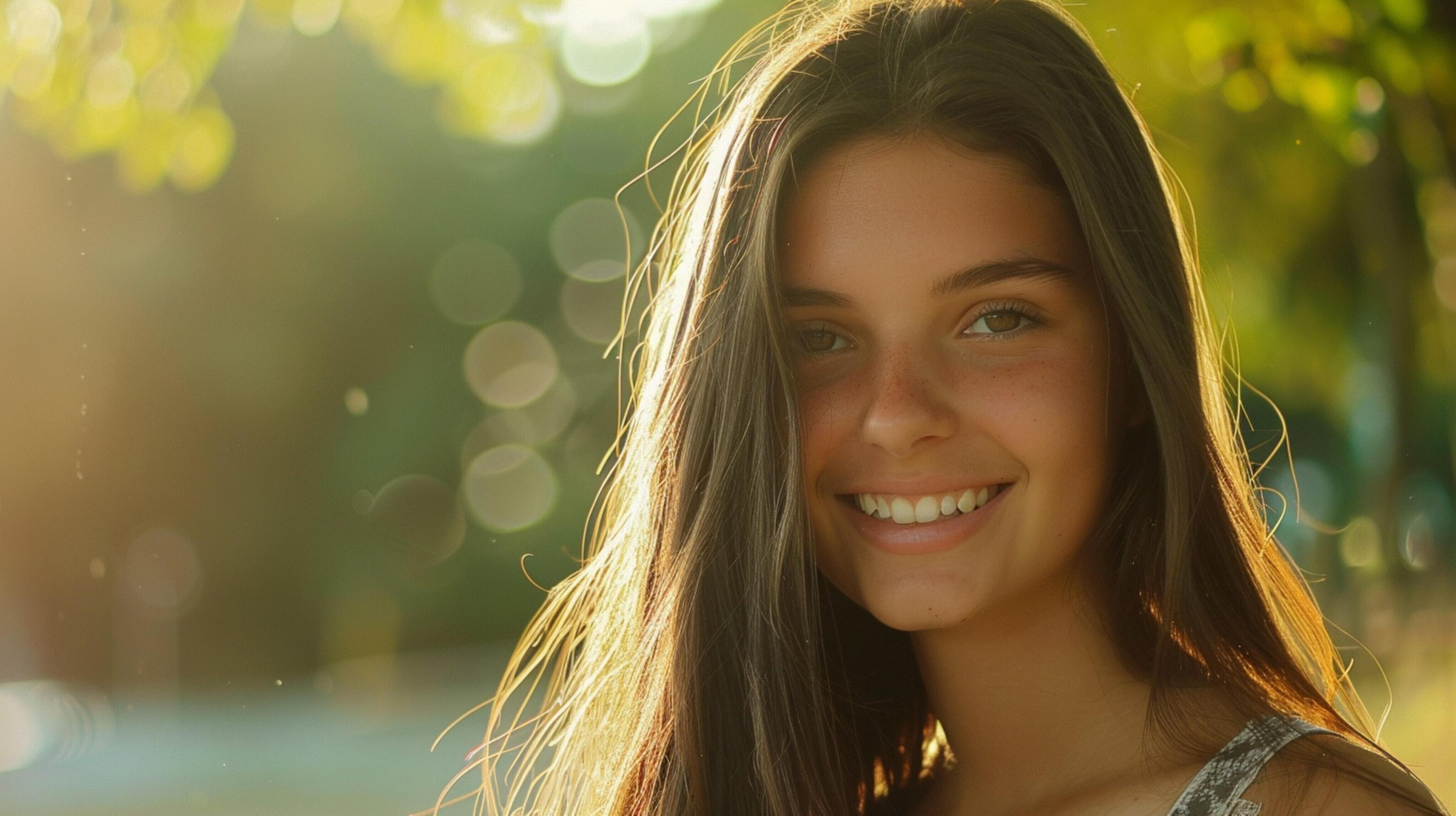 young woman with long brown hair smiling Stock Free