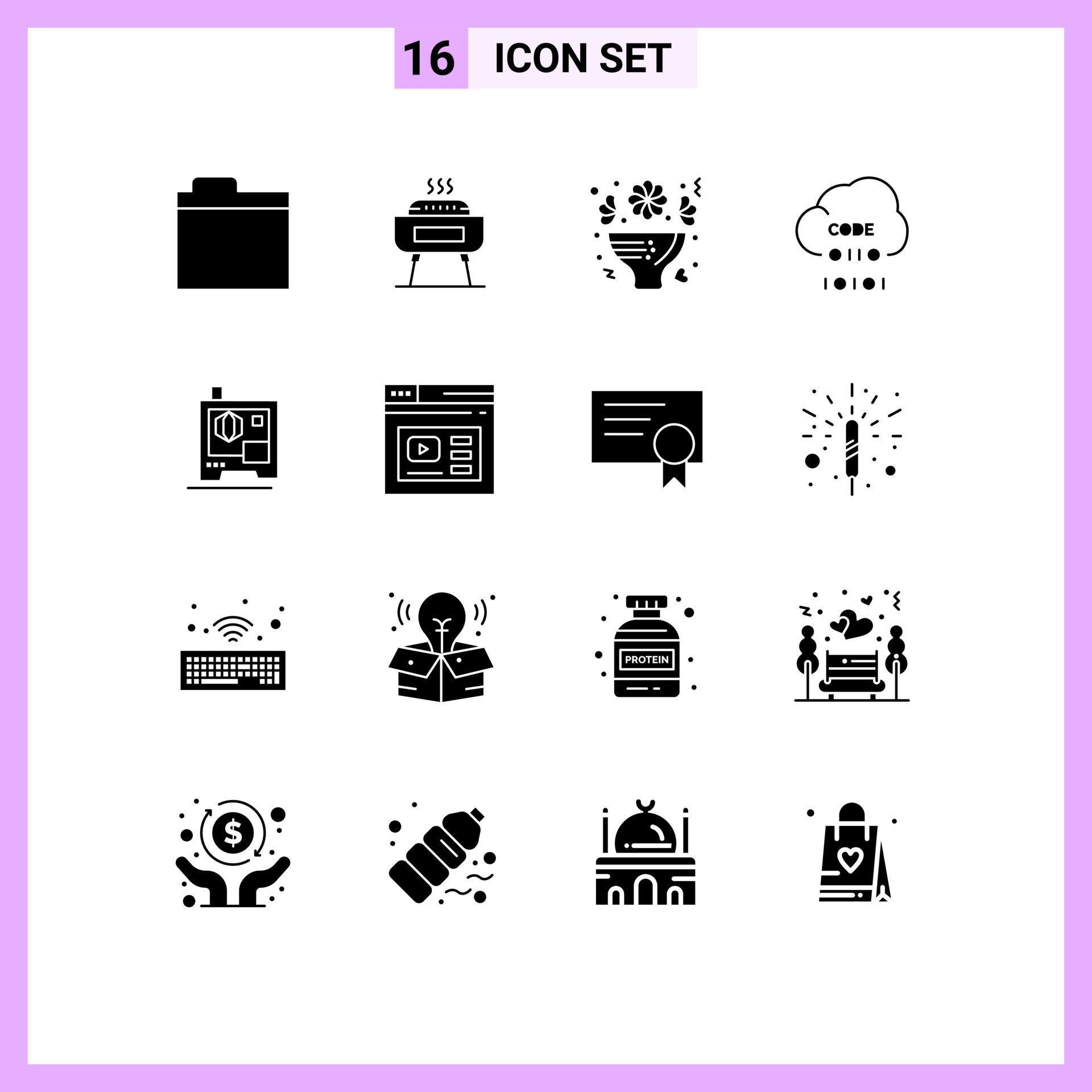 16 Universal Solid Glyphs Set for Web and Mobile Applications printer development flowers develop cloud Editable Vector Design Elements Stock Free