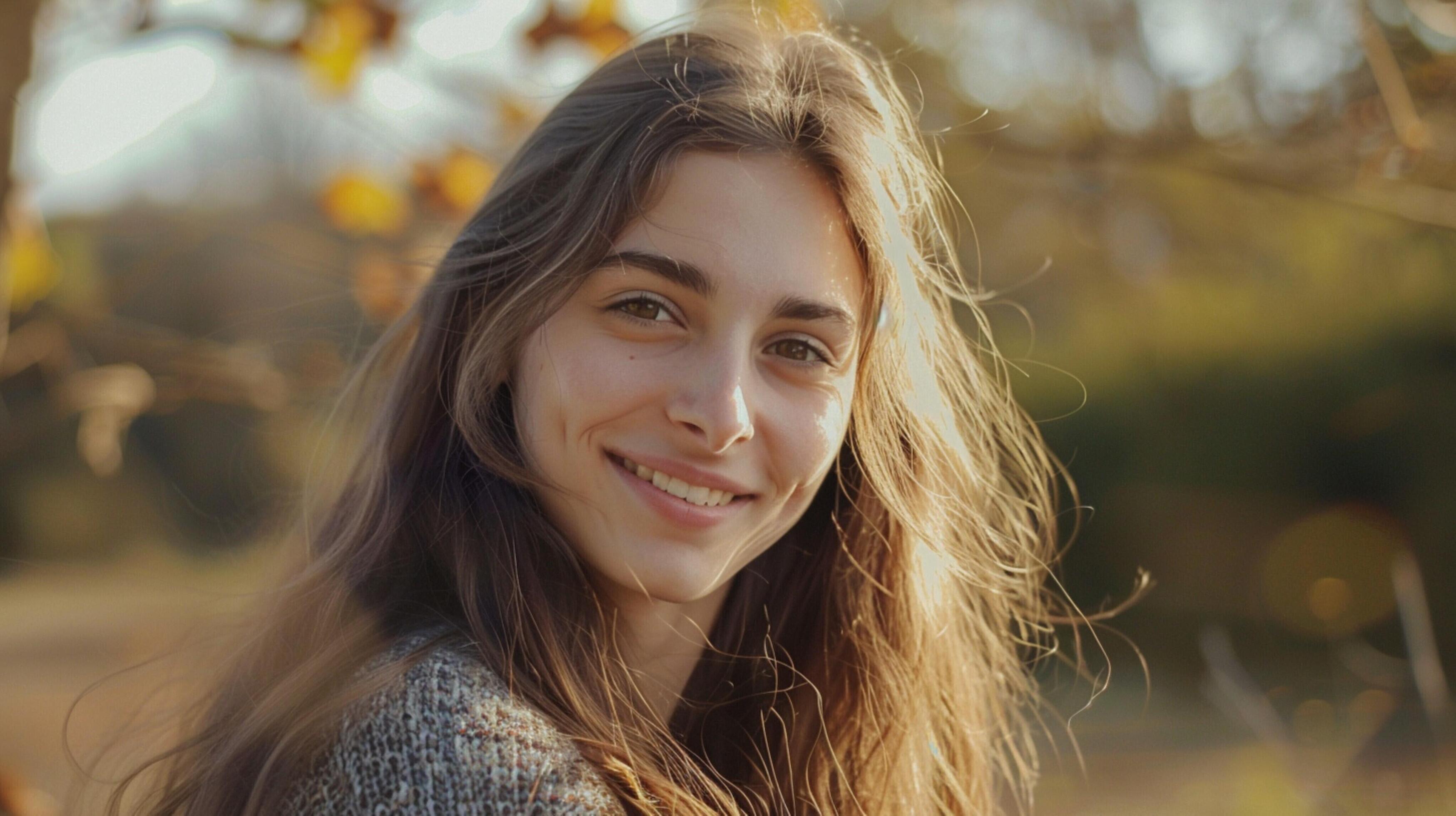 young woman with long brown hair smiling Stock Free