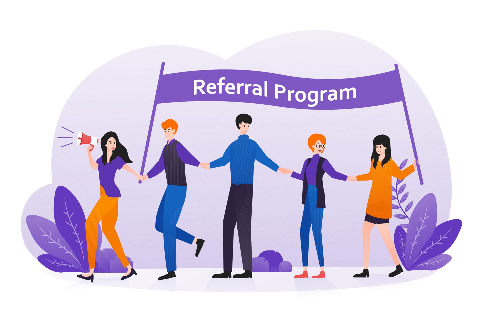 
									Referral program strategy with people holding hands. Referral marketing, affiliate marketing, network marketing, business partnership concept Free Vector