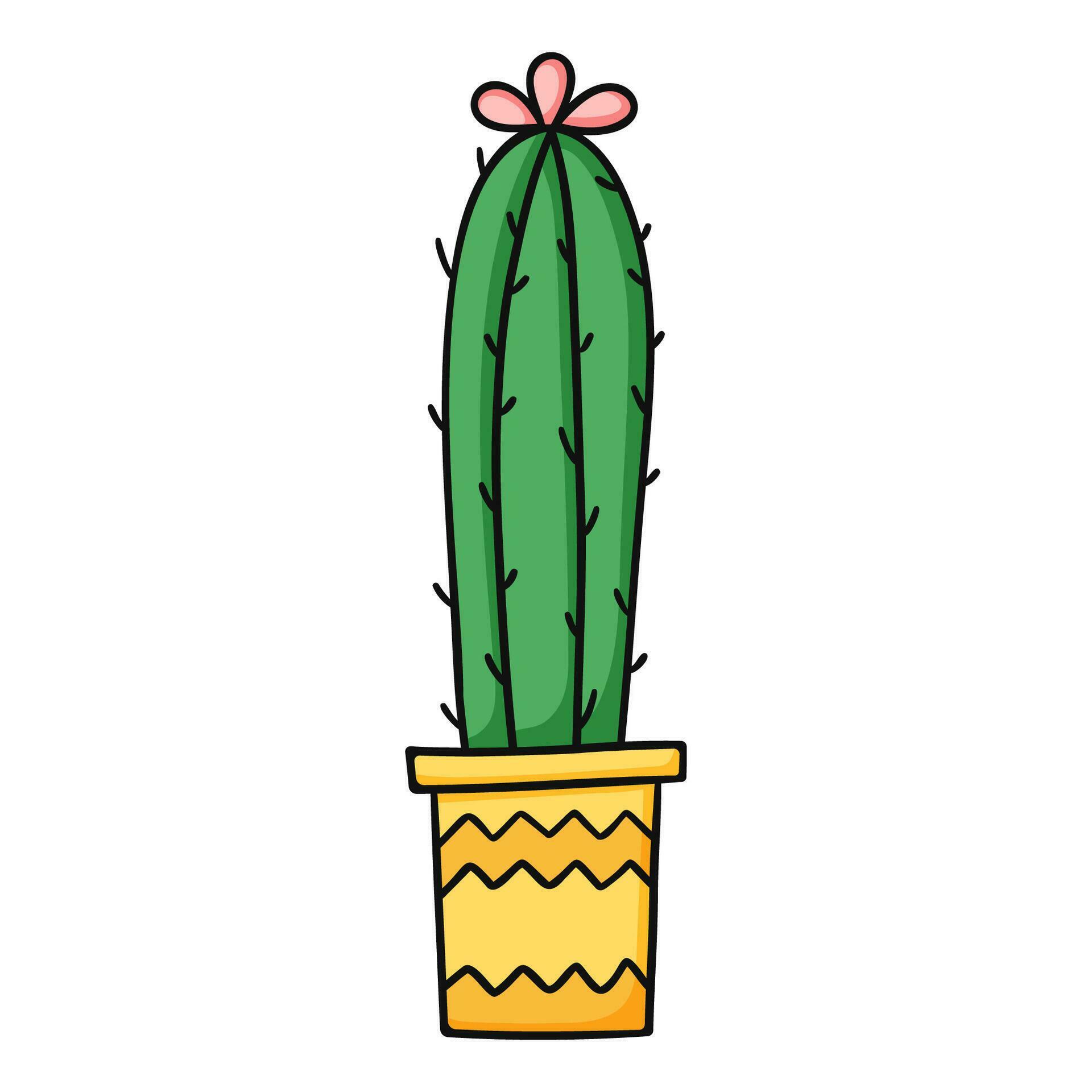 Cute green cartoon cactus with pink flowers in yellow pot. Isolated vector illustration on white background Stock Free