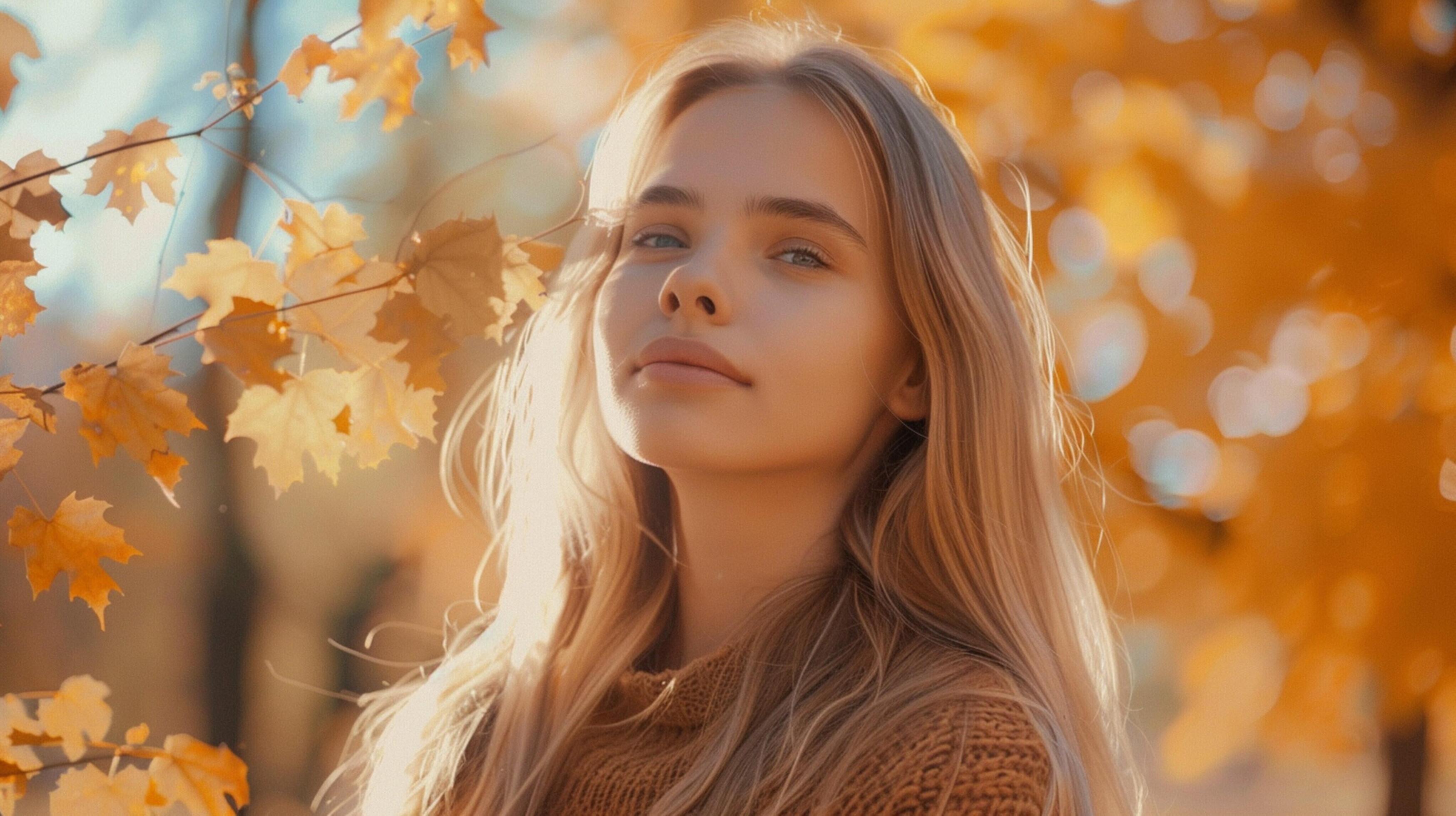 young woman with long blond hair enjoying autumn Stock Free