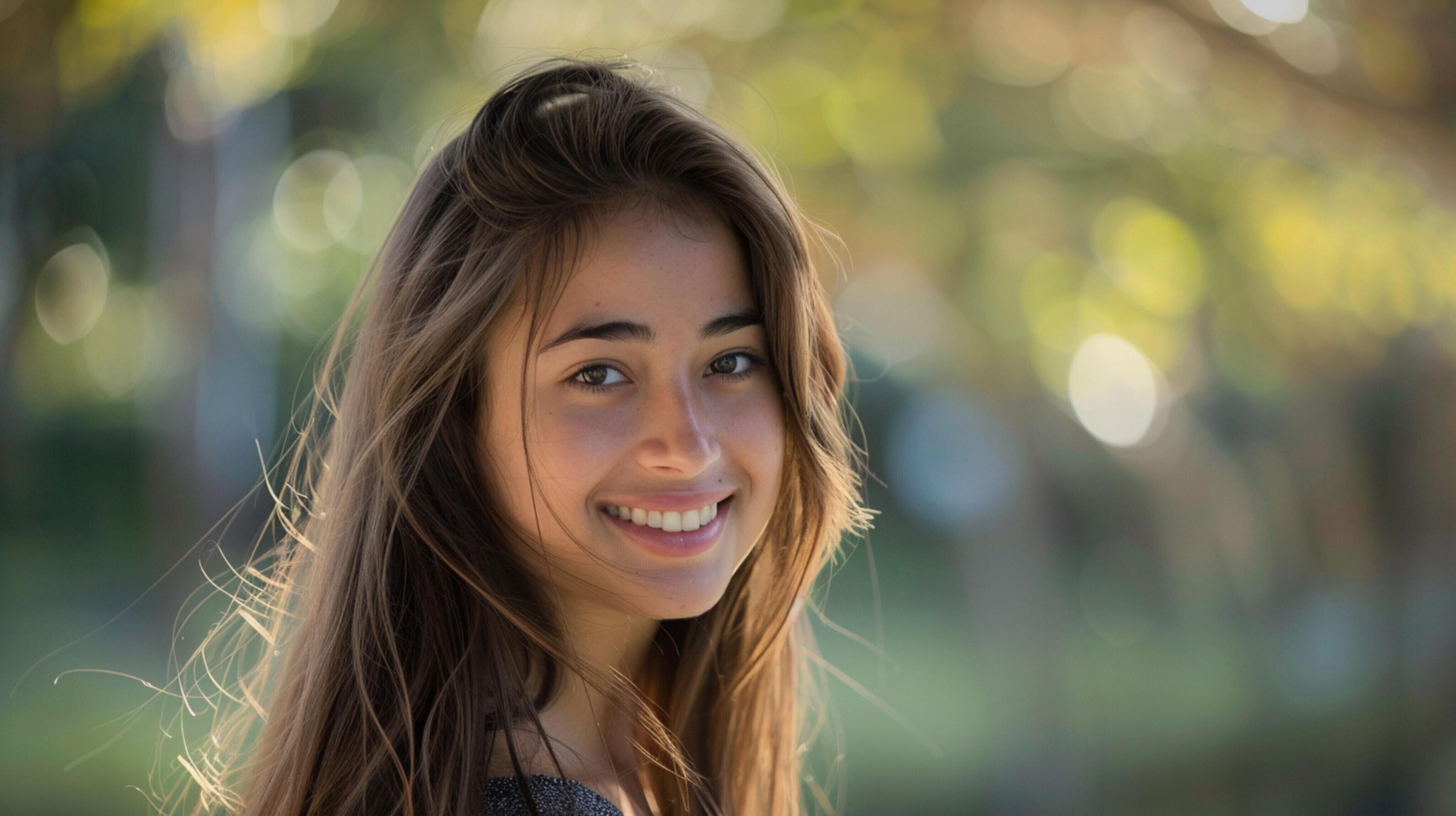 young woman with long brown hair smiling Stock Free