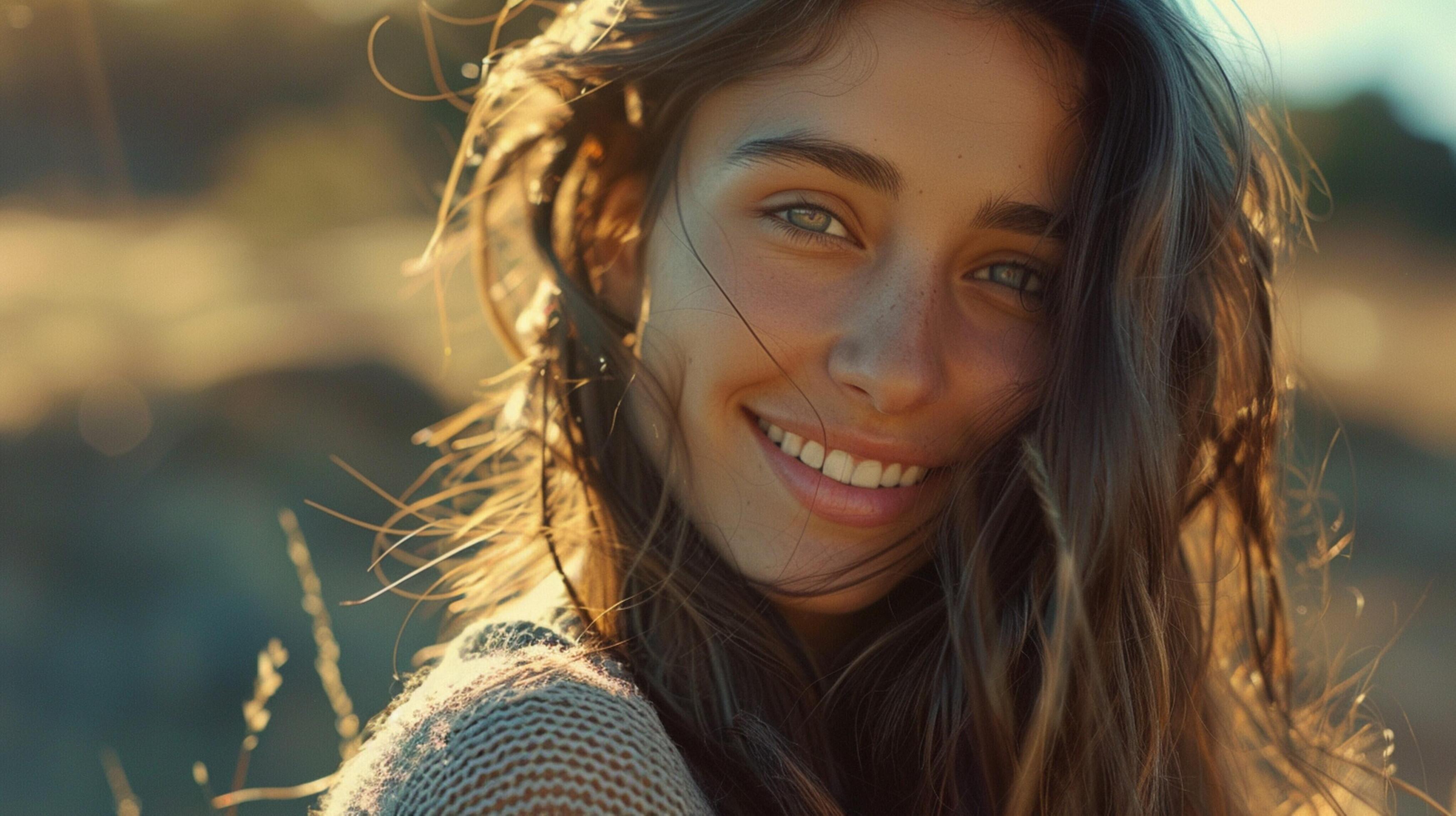 young woman with long brown hair smiling Stock Free