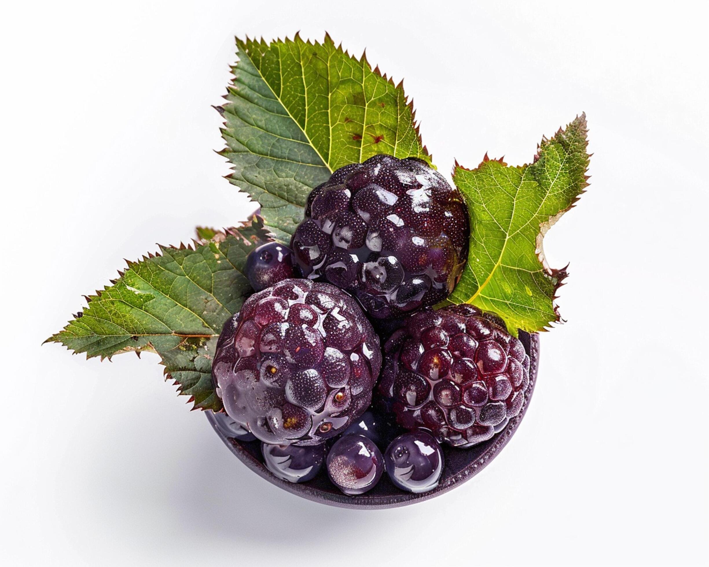 a bowl of blackberries with leaves on top Stock Free