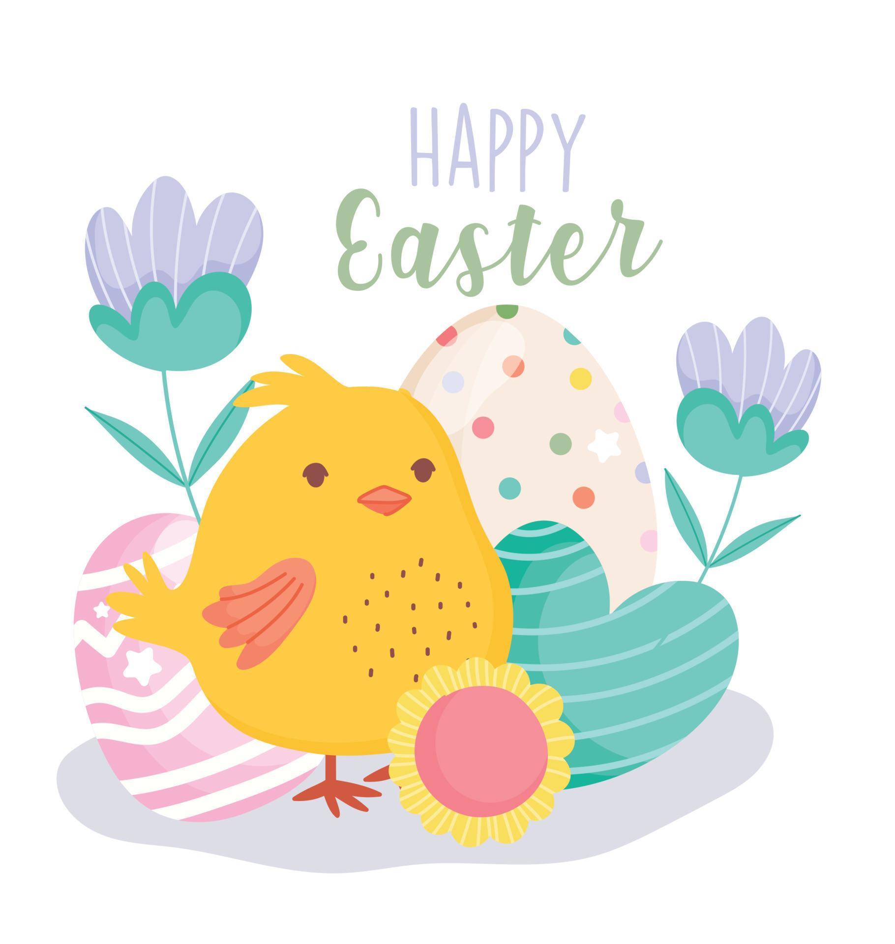 happy easter cute chicken heart egg flowers decoration card Stock Free