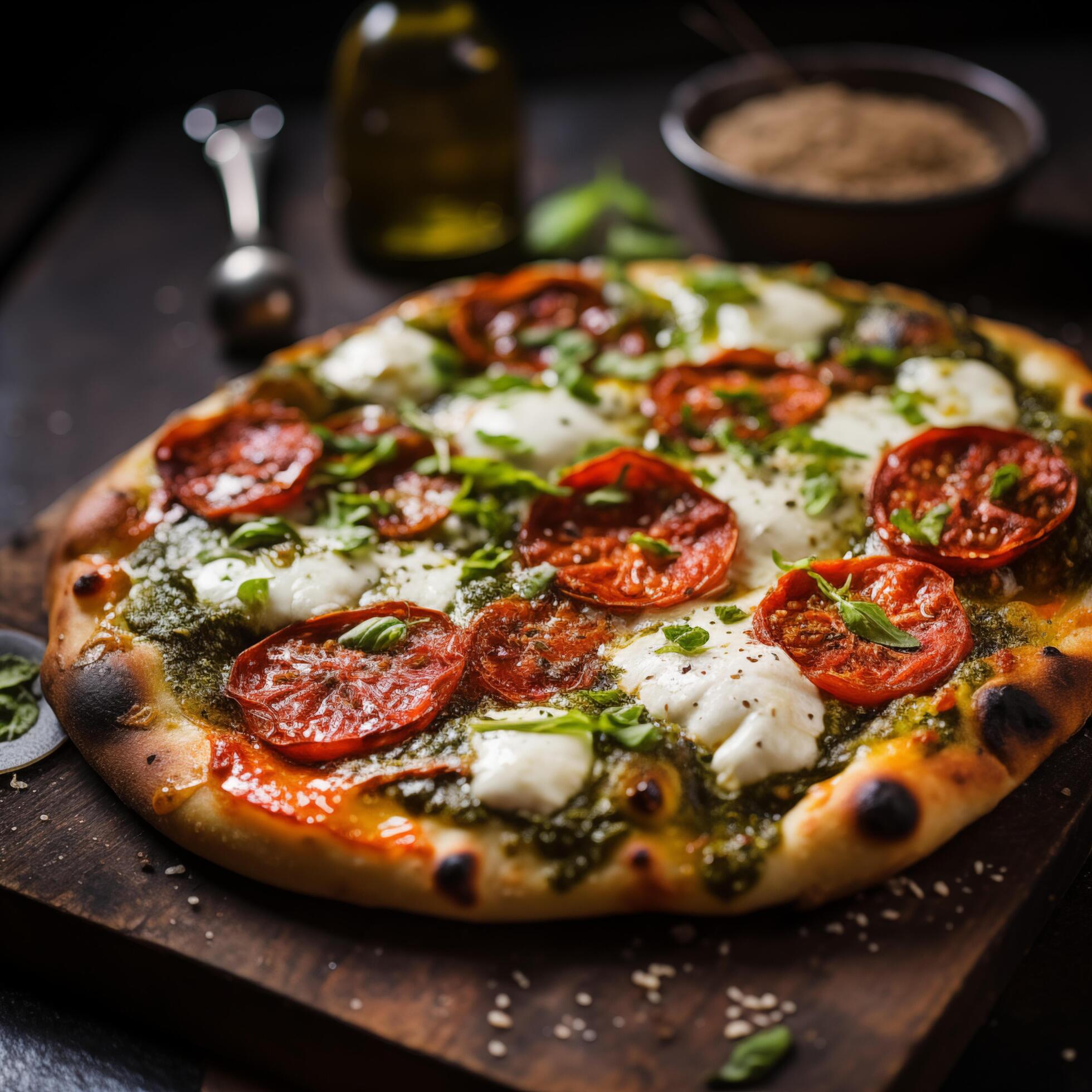 Side view of Italian pizza with pesto, tomatoes and mozzarella, black background. Photo for restaurant menu, advertising, delivery, banner Stock Free