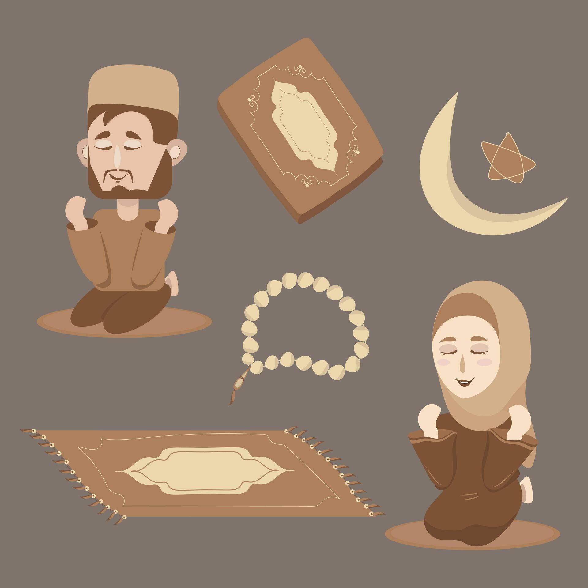 Set of six Ramadan elements including Male and Female characters praying, Holy Quran, prayer mat, prayer beads and crescent moon with star Stock Free