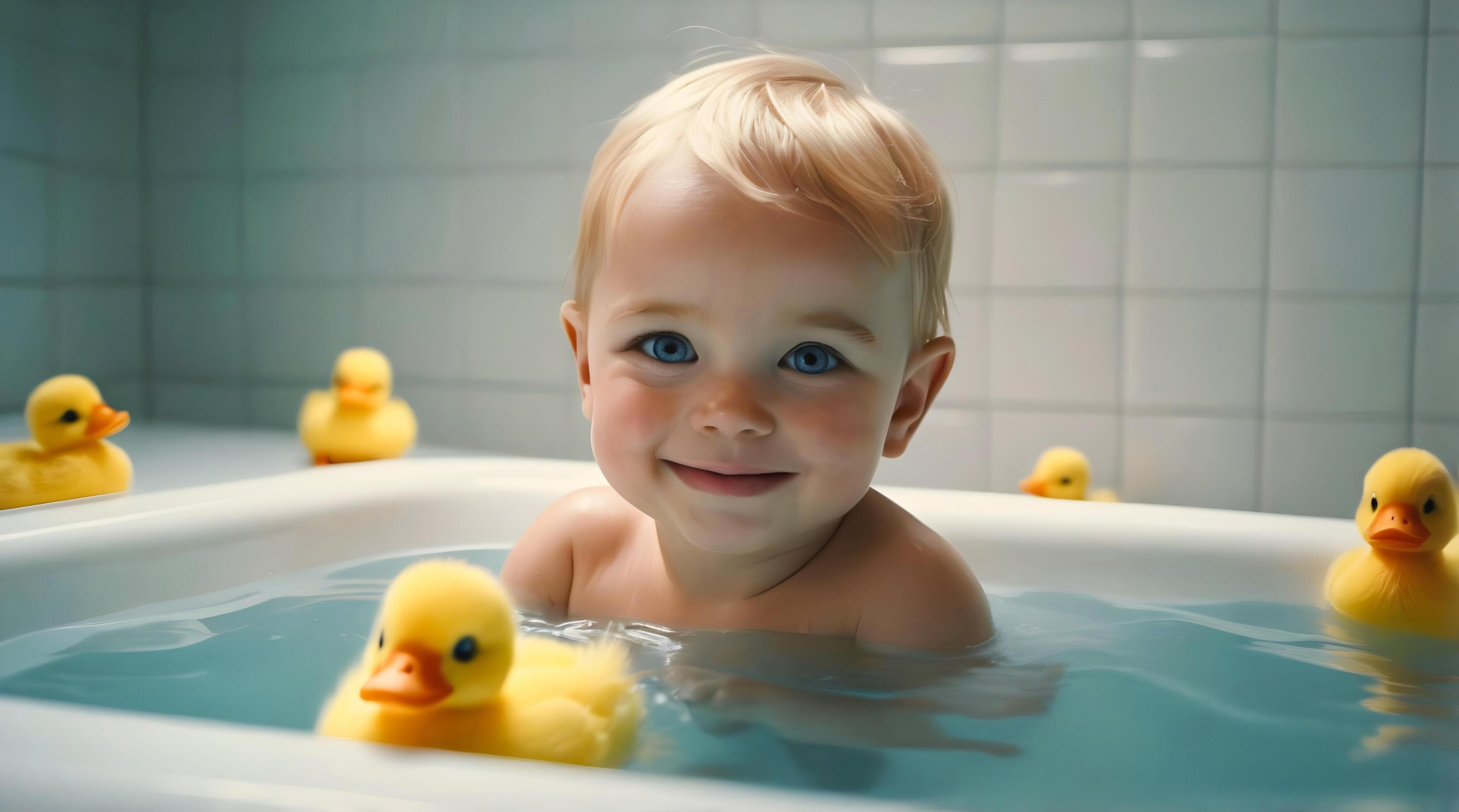 Cute little baby in bathtub playing with yellow duck toys, toddler with blue eyes, childhood fun, background Stock Free