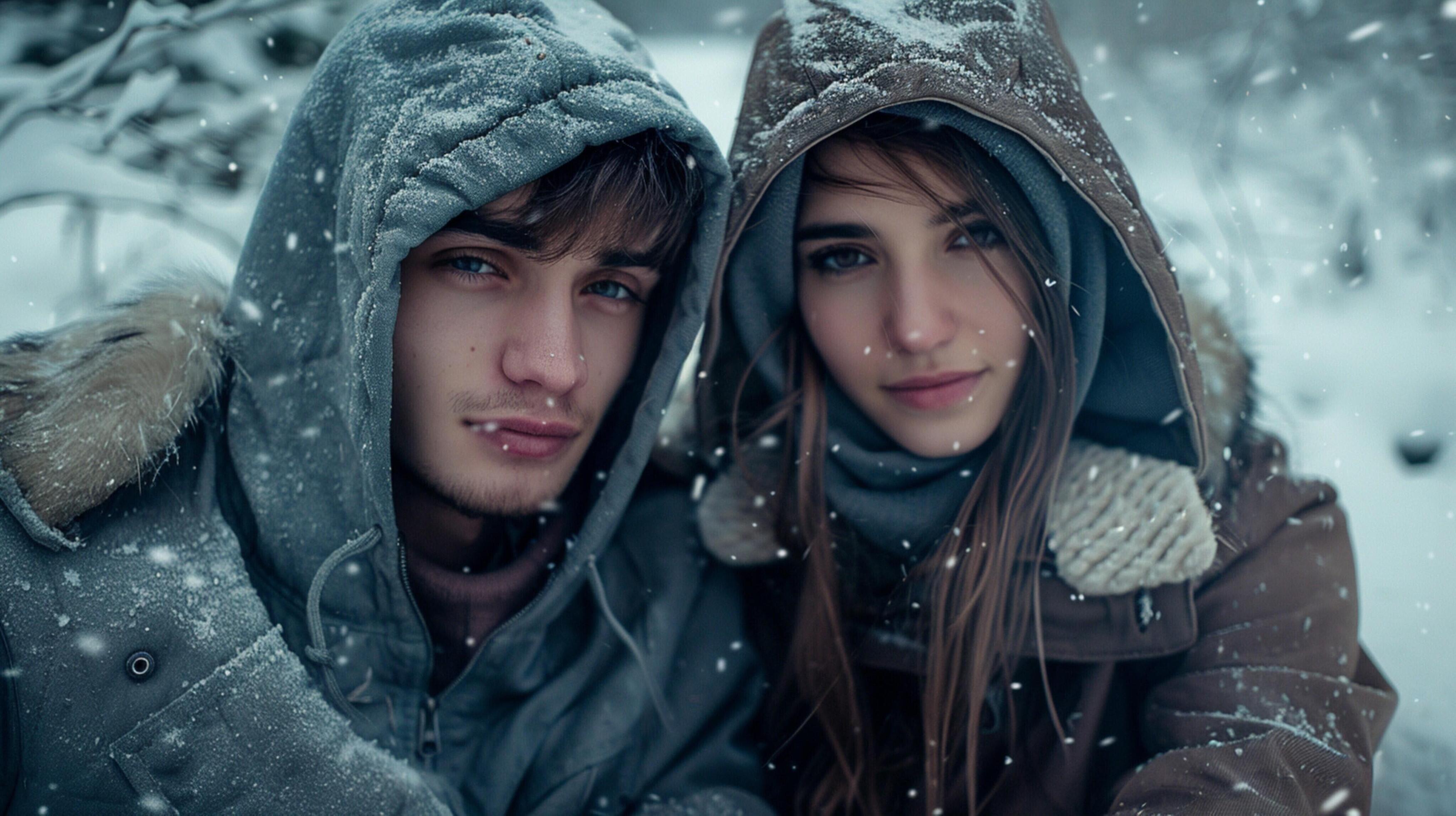 young couple in hooded shirts looking at camera Stock Free