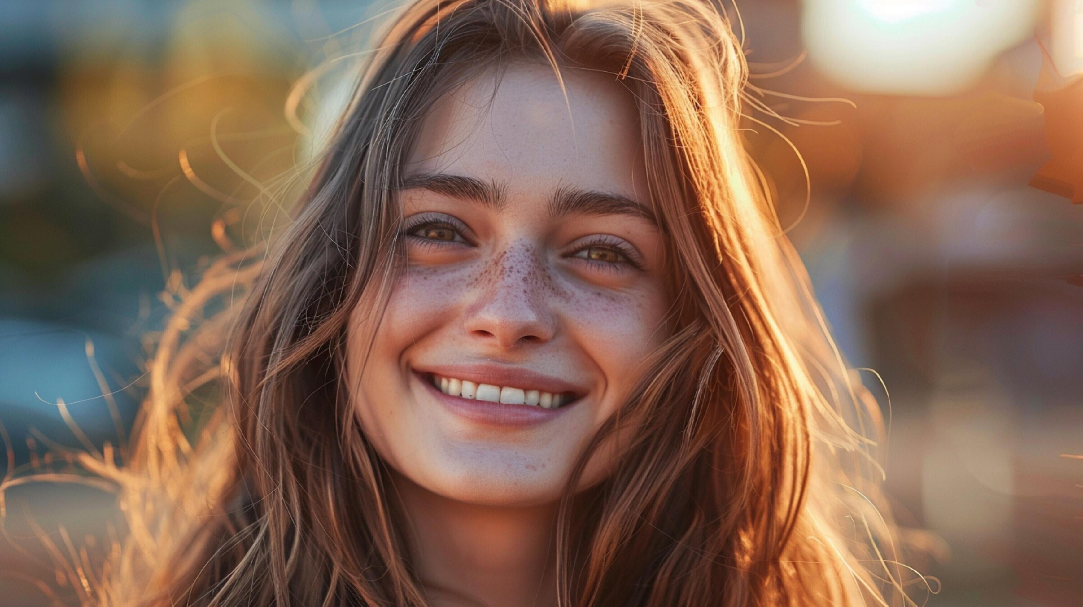 young woman with long brown hair smiling Stock Free